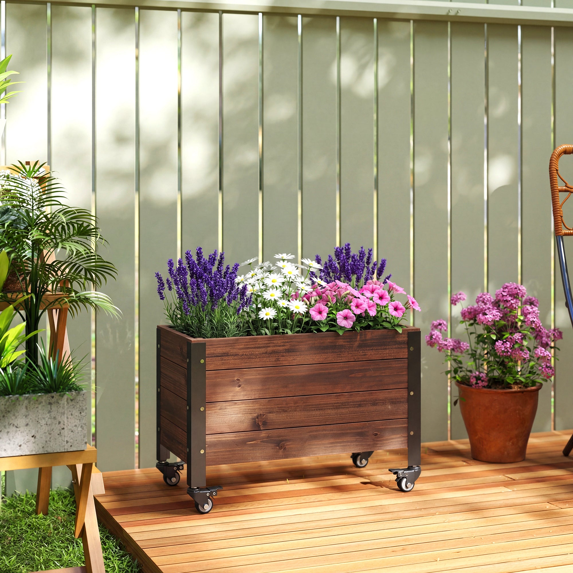 Elevated Wooden Planter with Wheels, Rectangular Raised Garden Bed for Herbs & Vegetables, 23.6 x 11.8 x 16.1 in (60 x 30 x 41 cm), Dark Brown
