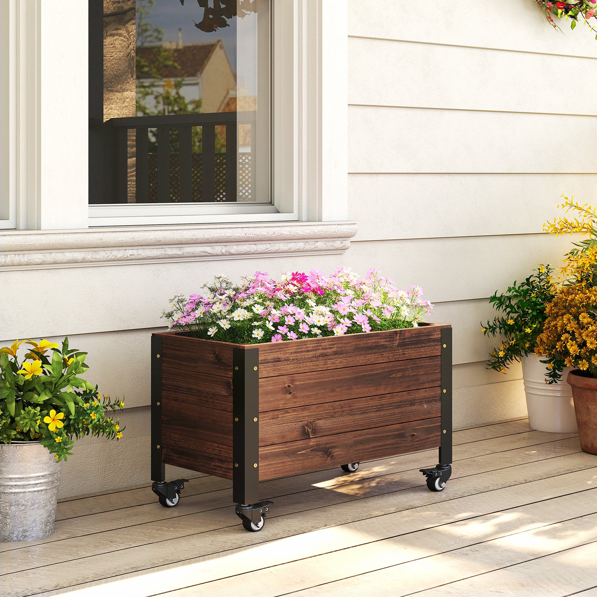 Elevated Wooden Planter with Wheels, Rectangular Raised Garden Bed for Herbs & Vegetables, 23.6 x 11.8 x 16.1 in (60 x 30 x 41 cm), Dark Brown