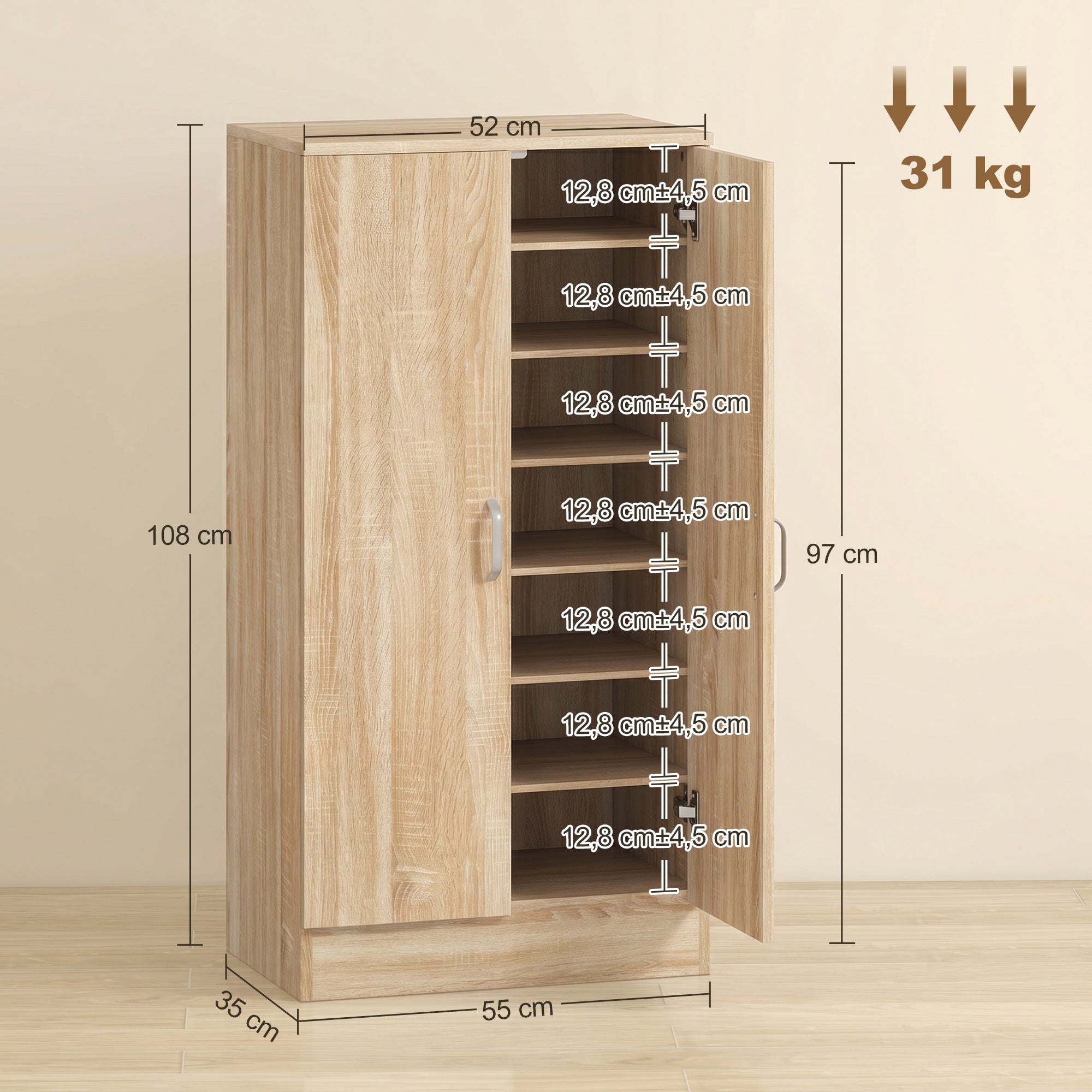 2-Door Shoe Cabinet with 6 Adjustable Shelves, Soft-Close Doors, Stores up to 14 Pairs, Natural Wood Finish (55 x 35 x 108 cm)