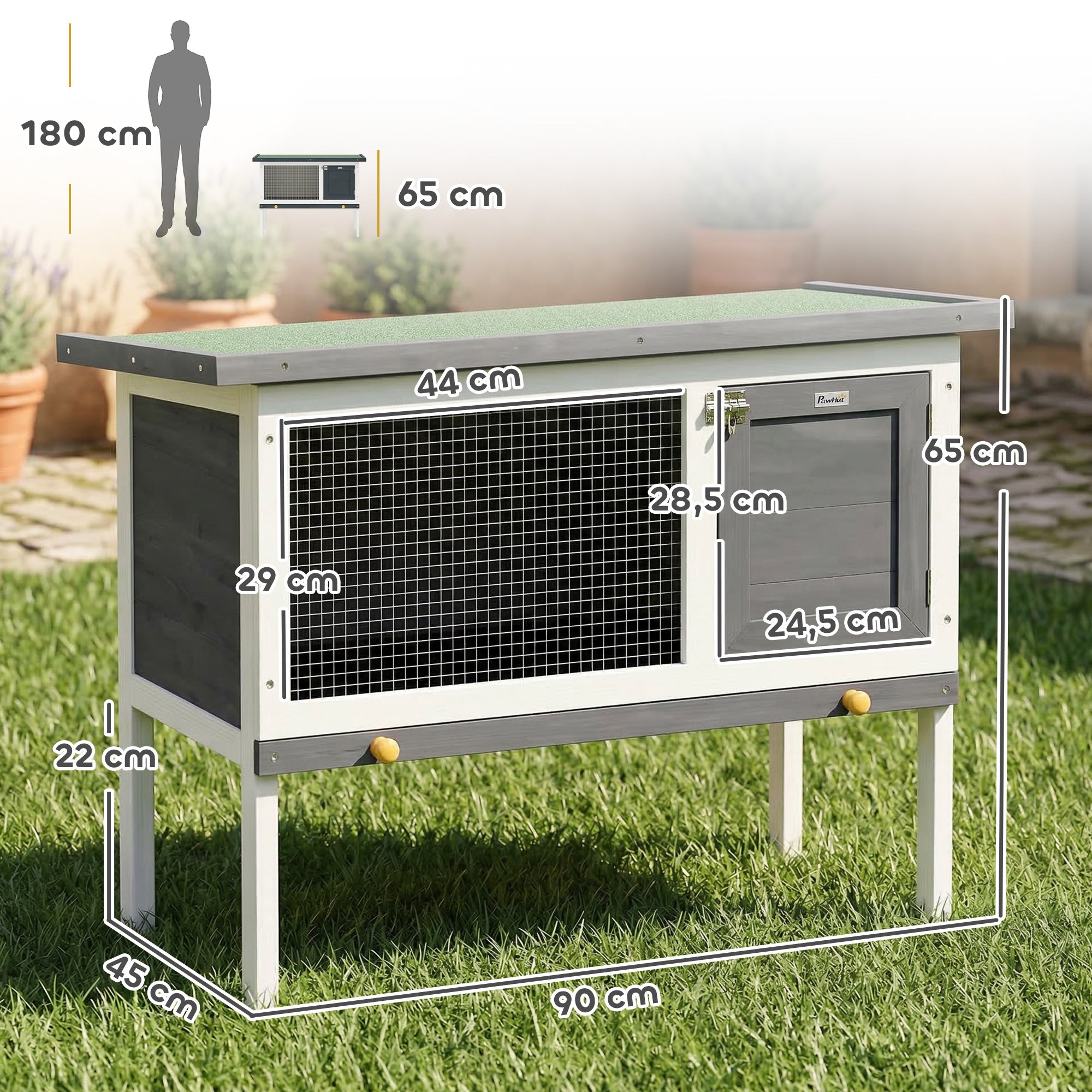 Wooden Rabbit Hutch 35.4 x 17.7 x 25.6 in, Elevated Outdoor Small Animal Cage with Hinged Bitumen Roof, Pull-Out Tray, Door & Metal Wire — Gray