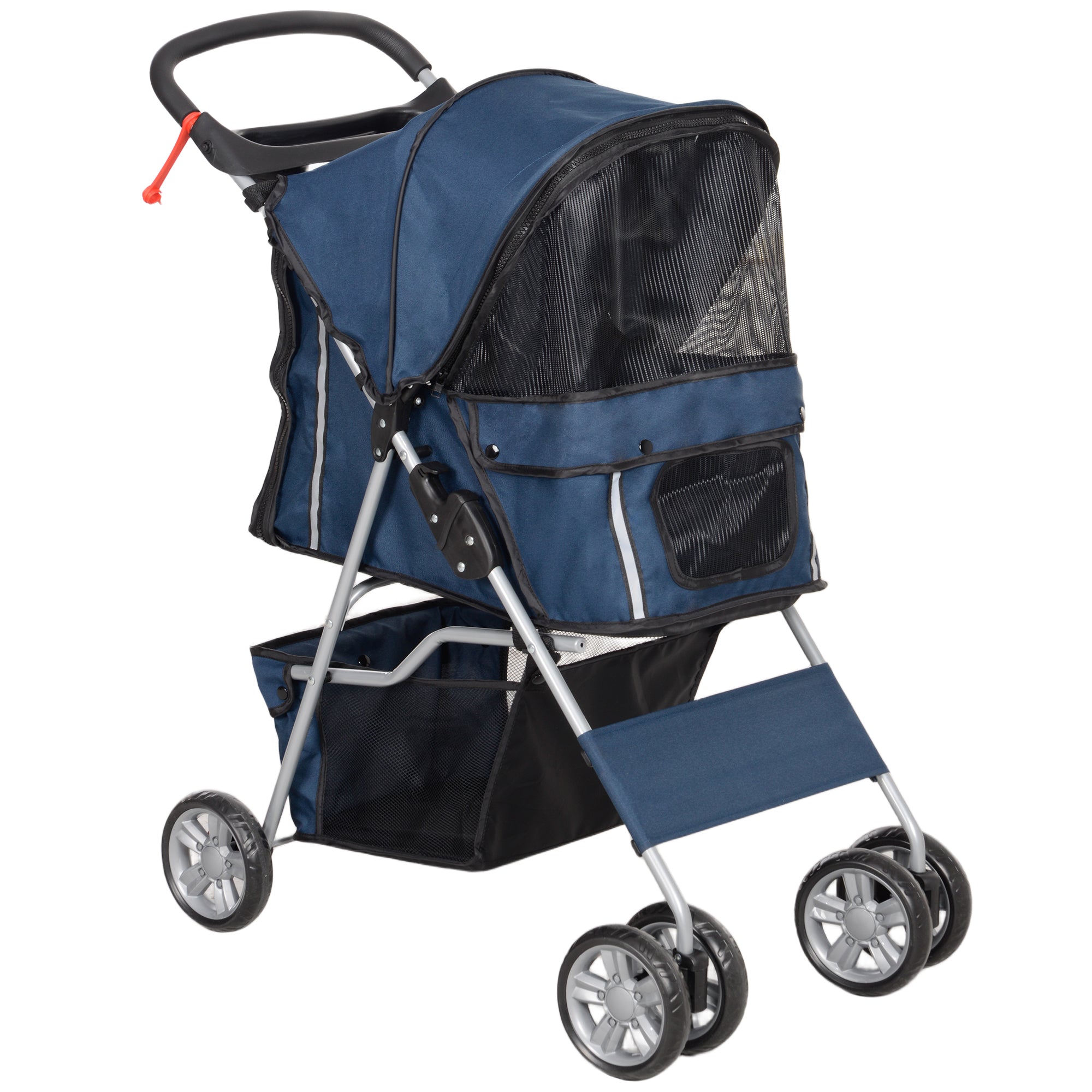 Folding Pet Stroller Dog Stroller for Small Pets with Adjustable Canopy Bottom Basket Mesh Windows Cup Holders and Wheels Load 15 kg 75x45x97 cm Navy Blue