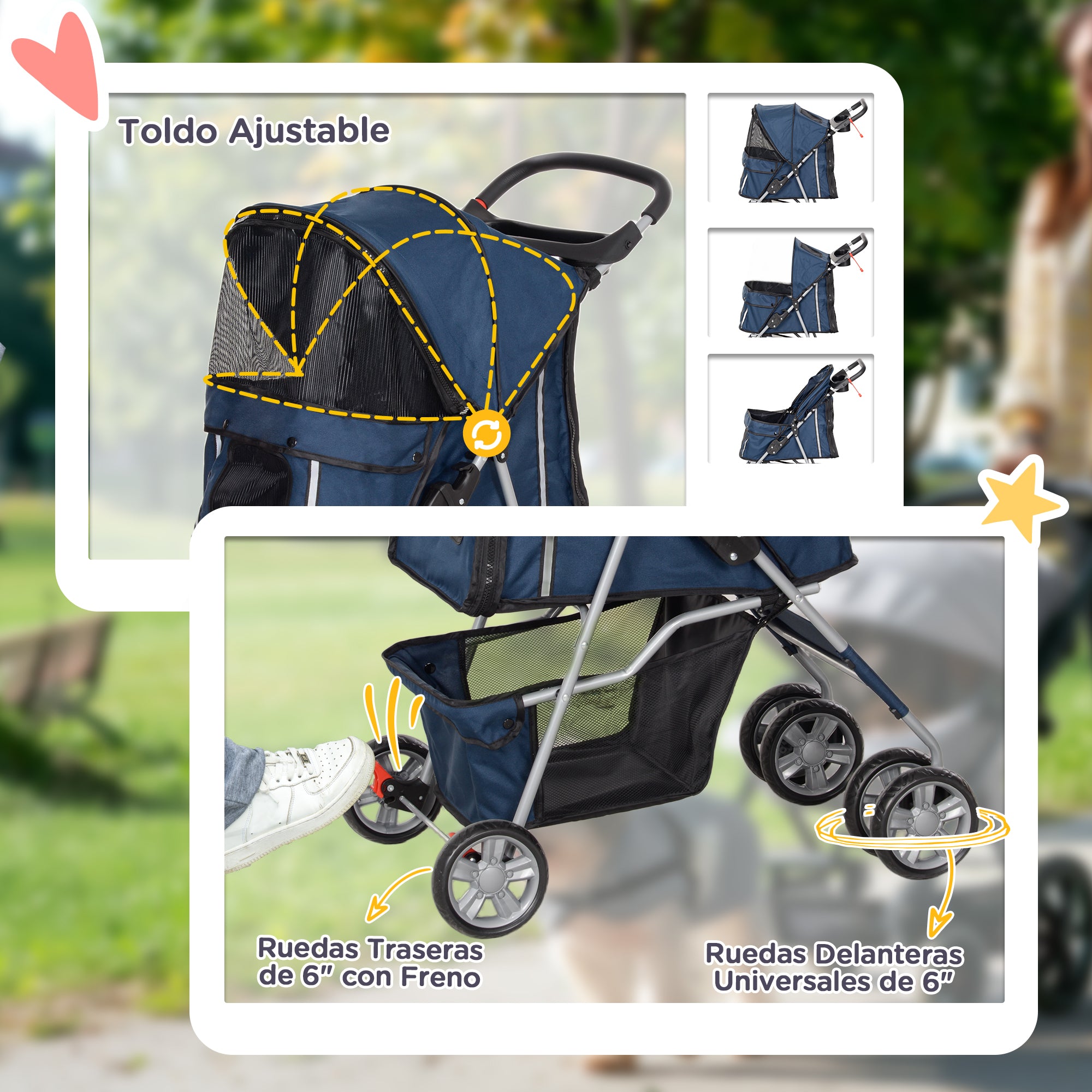 Folding Pet Stroller Dog Stroller for Small Pets with Adjustable Canopy Bottom Basket Mesh Windows Cup Holders and Wheels Load 15 kg 75x45x97 cm Navy Blue