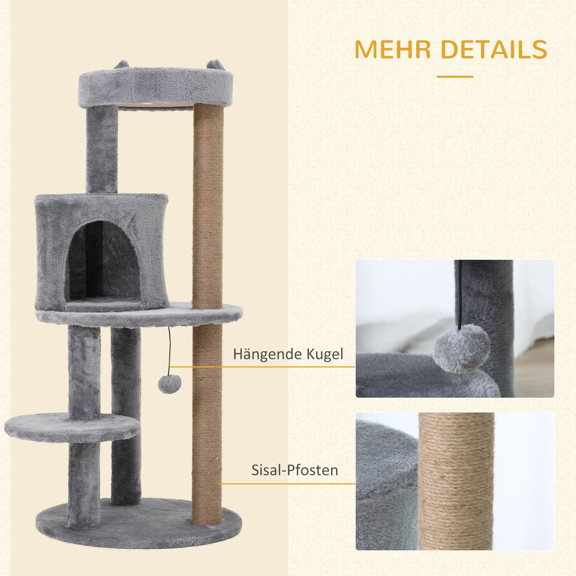 Cat Tree 4-Tier Cat Cave Cat House with Play Balls Perch Sisal Column and Scratching Board Large Stable Luxurious Sisal Plush Grey 48x48x104 cm
