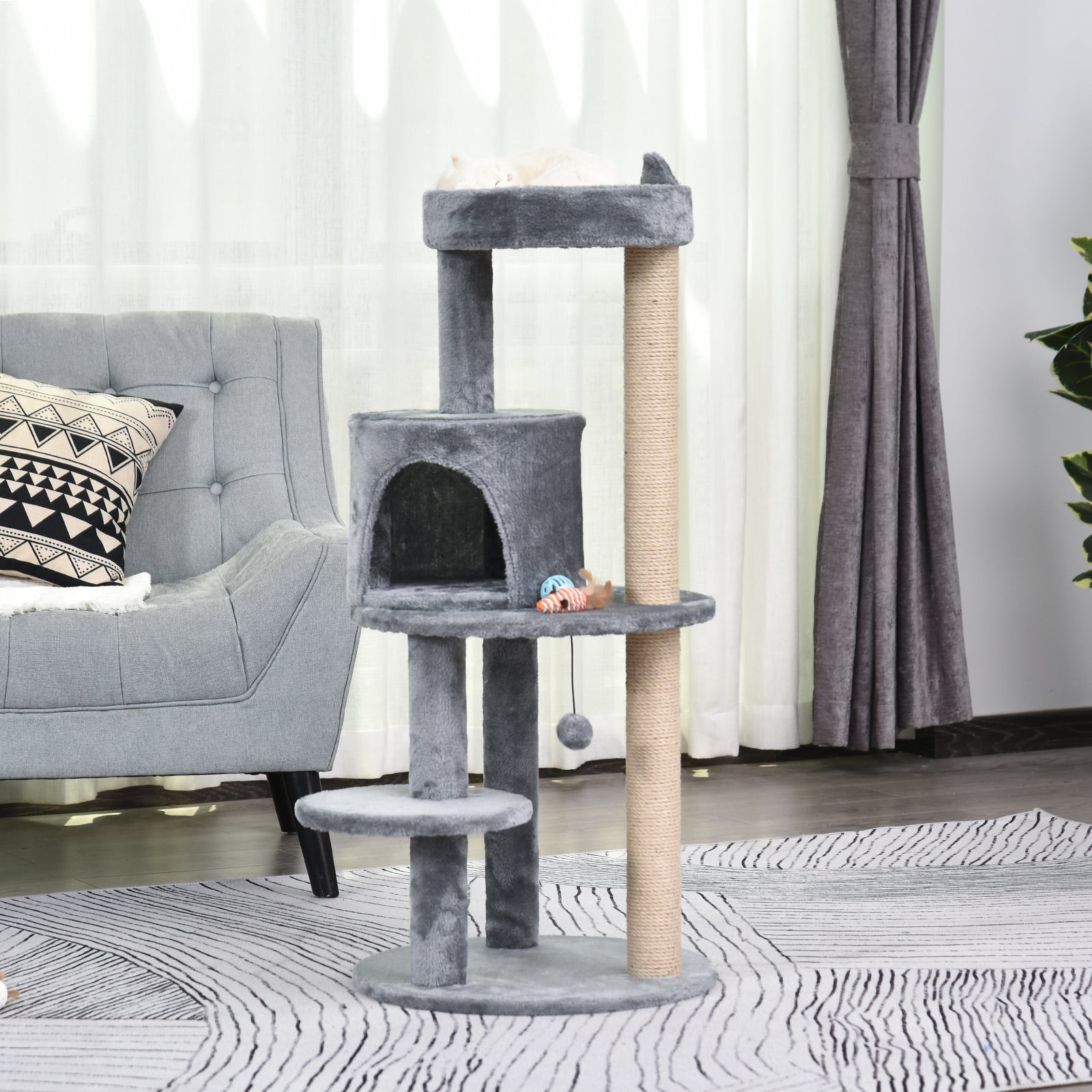Cat Tree 4-Tier Cat Cave Cat House with Play Balls Perch Sisal Column and Scratching Board Large Stable Luxurious Sisal Plush Grey 48x48x104 cm