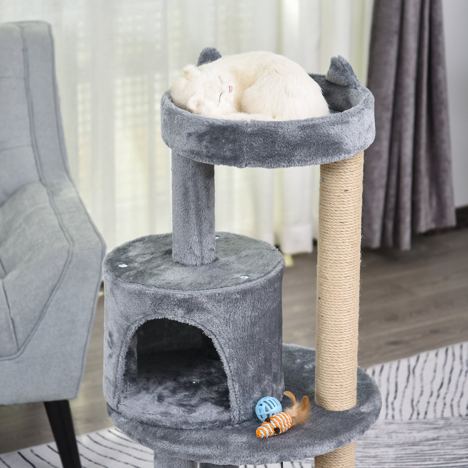 Cat Tree 4-Tier Cat Cave Cat House with Play Balls Perch Sisal Column and Scratching Board Large Stable Luxurious Sisal Plush Grey 48x48x104 cm