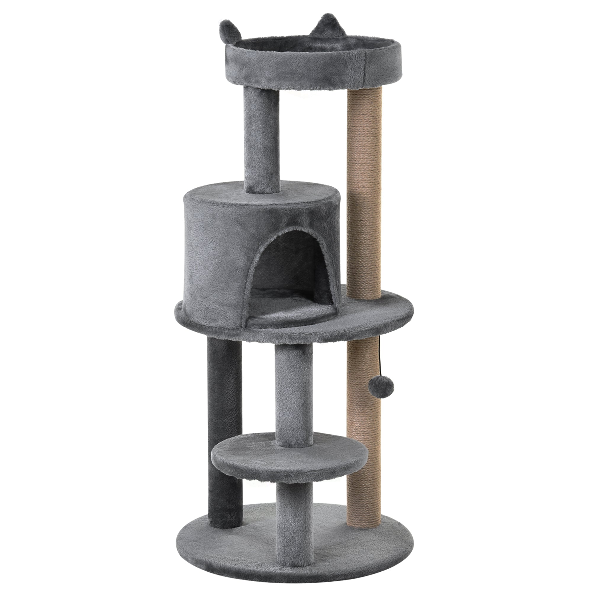 Cat Tree 4-Tier Cat Cave Cat House with Play Balls Perch Sisal Column and Scratching Board Large Stable Luxurious Sisal Plush Grey 48x48x104 cm