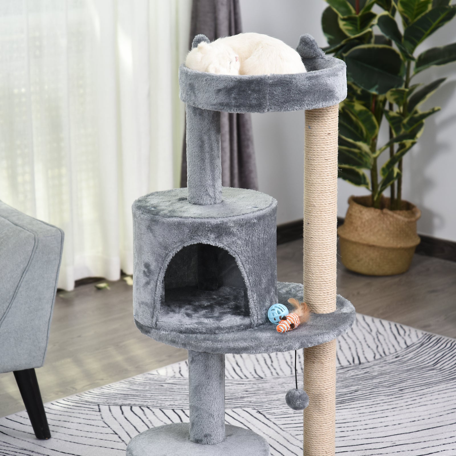 Cat Tree 4-Tier Cat Cave Cat House with Play Balls Perch Sisal Column and Scratching Board Large Stable Luxurious Sisal Plush Grey 48x48x104 cm