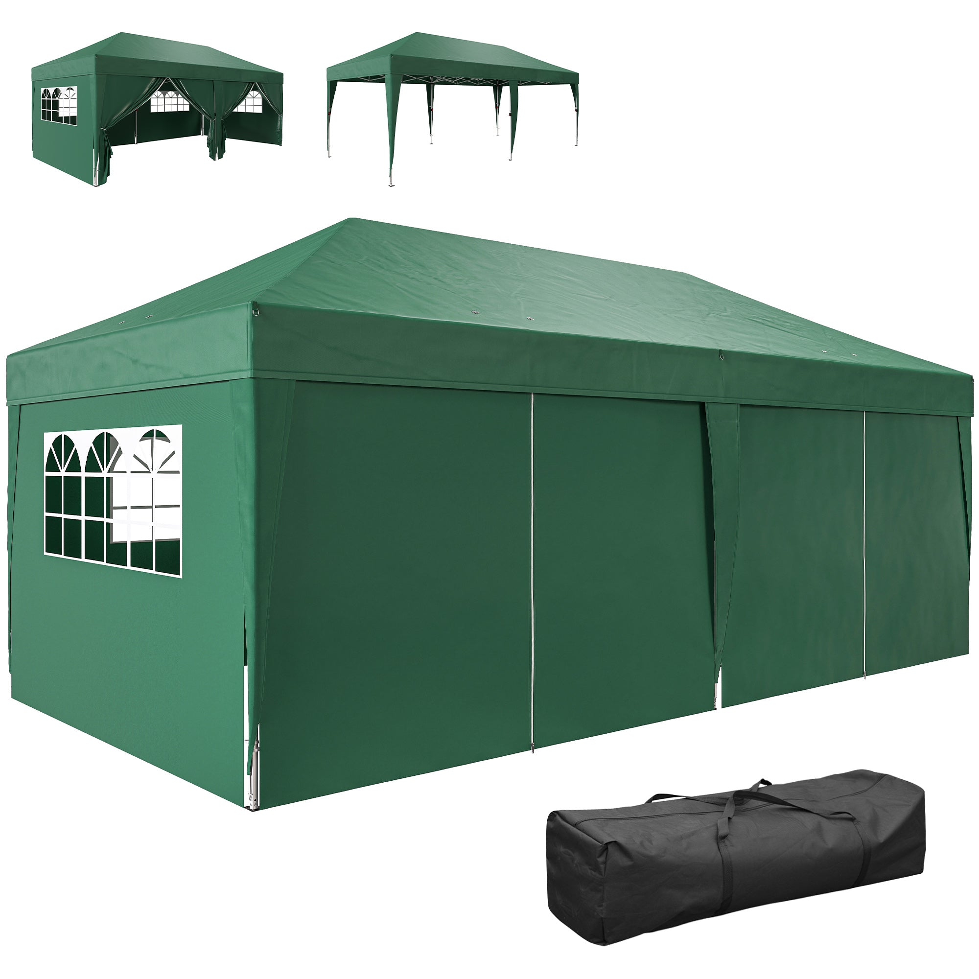 Pavilion approx. 19'4" x 9'8" Pop-Up Folding Gazebo with Windowed Zip Door & Removable Sides, UV Protection, Dark Green