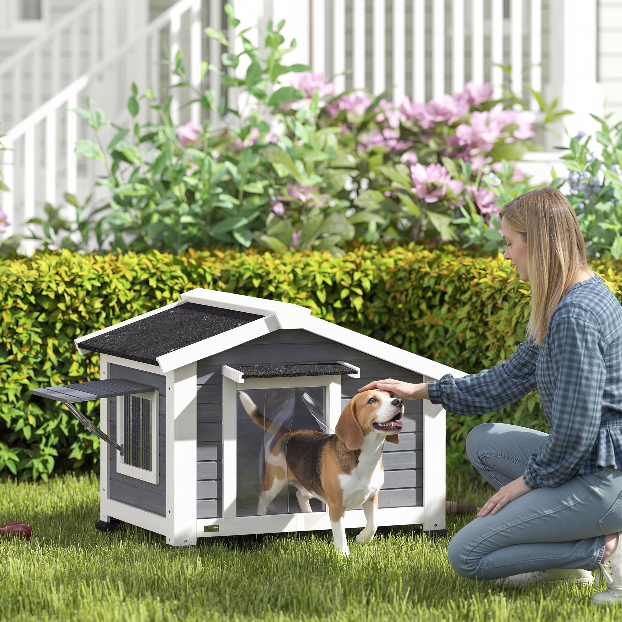 Weatherproof Wooden Dog House with Removable Floor, Asphalt Roof & Opening Window, 38.6" x 29.9" x 27.4" – Gray
