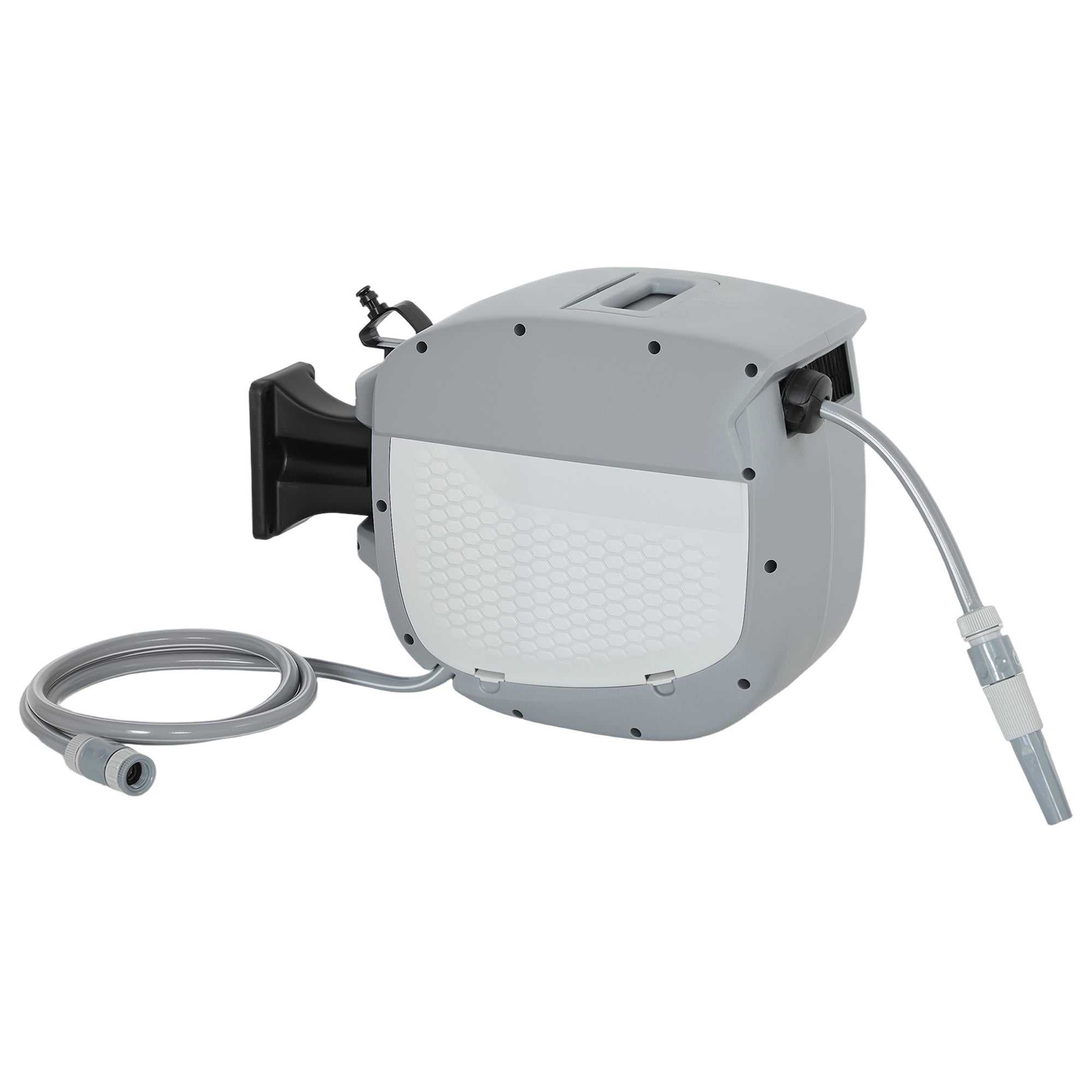 Retractable Garden Hose Reel 20 m + 1.9 m, 2-Mode Nozzle, Wall-Mount with Auto-Lock and Controlled Rewind, 180° Swivel, Gray