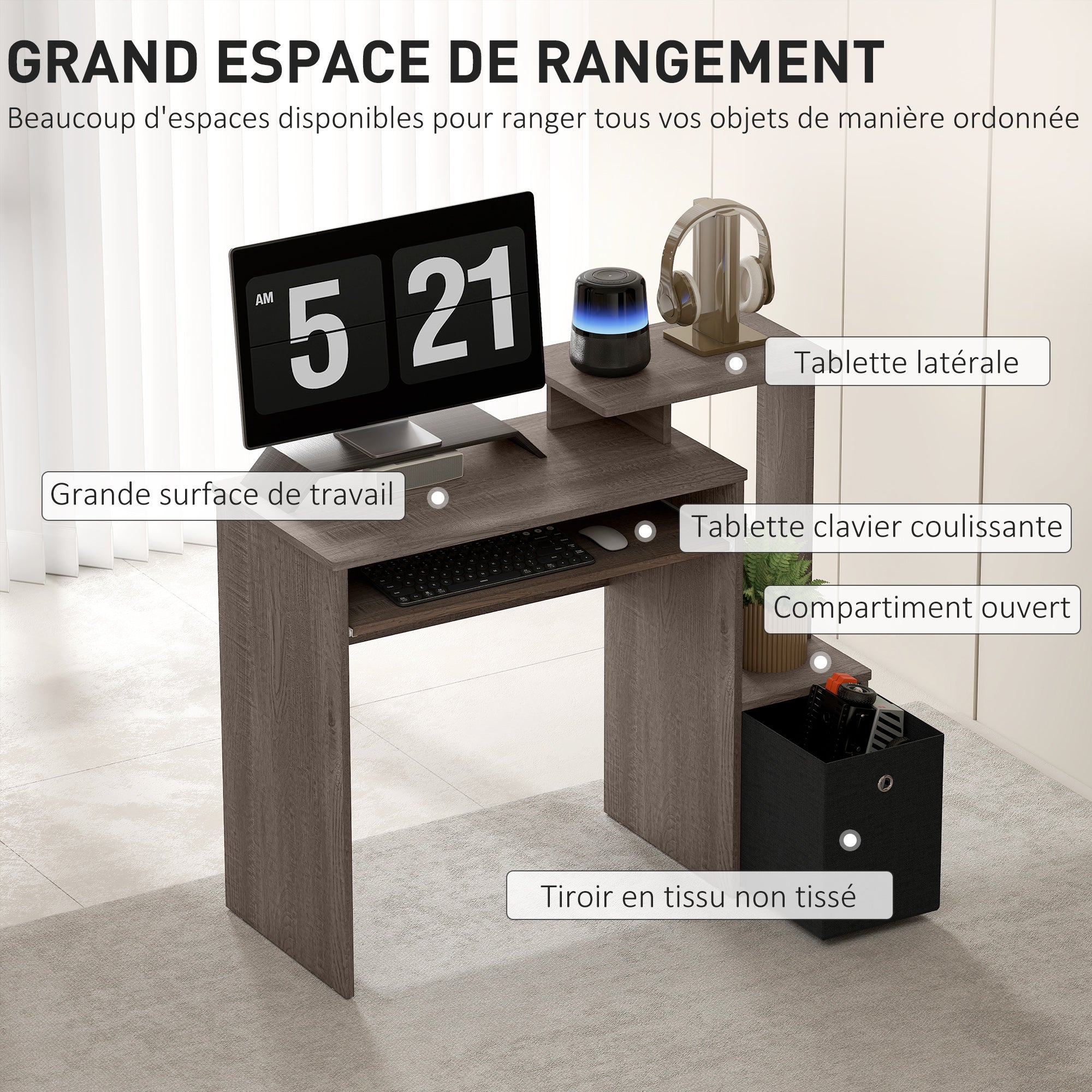 Multimedia Computer Desk with Shelves Sliding Shelf Keyboard Basket Black Particle Board Gray