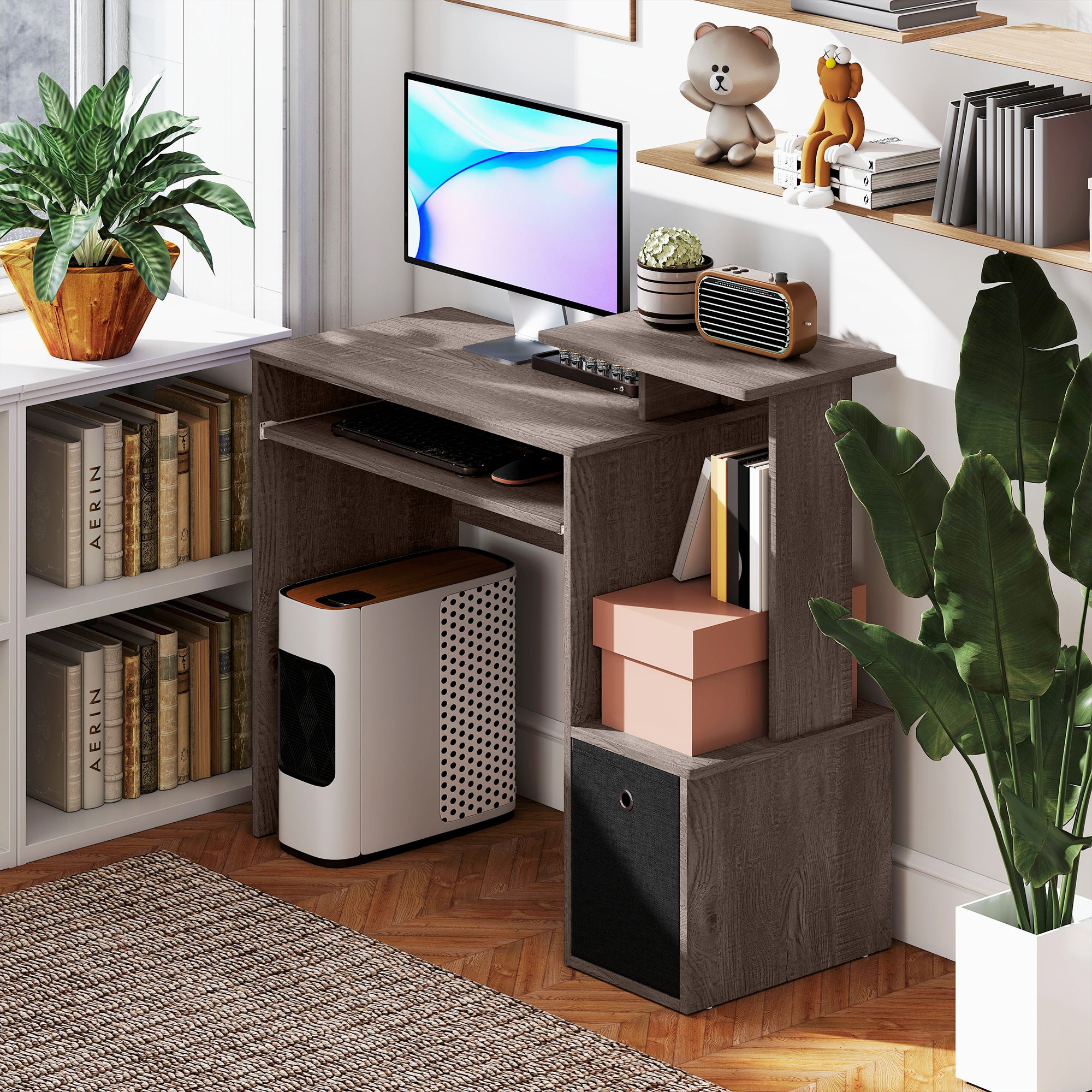 Multimedia Computer Desk with Shelves Sliding Shelf Keyboard Basket Black Particle Board Gray