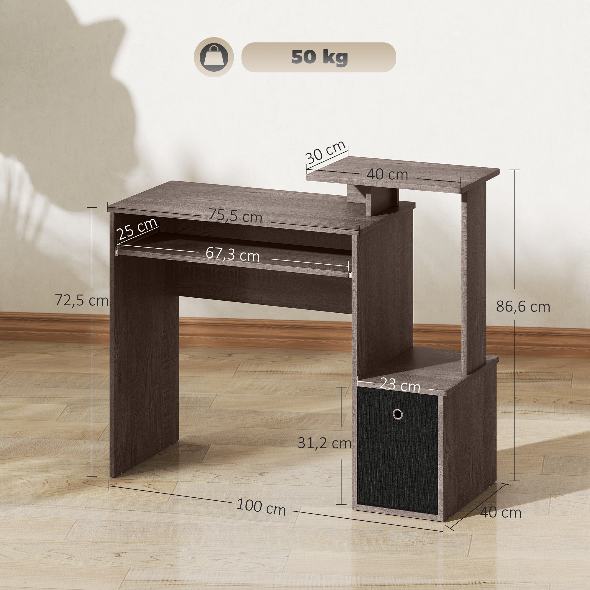 Multimedia Computer Desk with Shelves Sliding Shelf Keyboard Basket Black Particle Board Gray