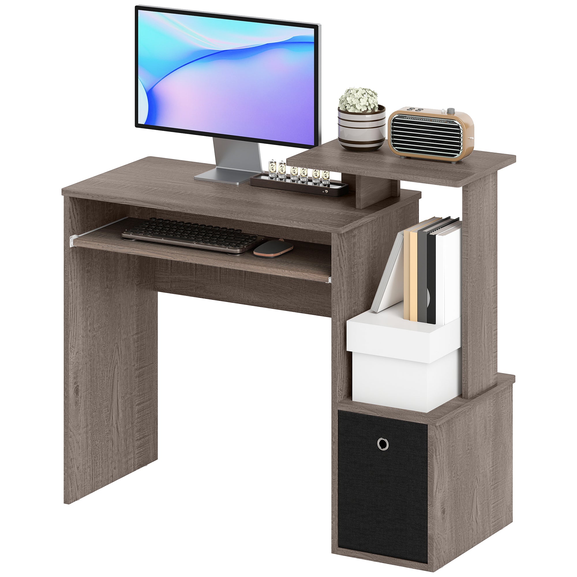 Multimedia Computer Desk with Shelves Sliding Shelf Keyboard Basket Black Particle Board Gray