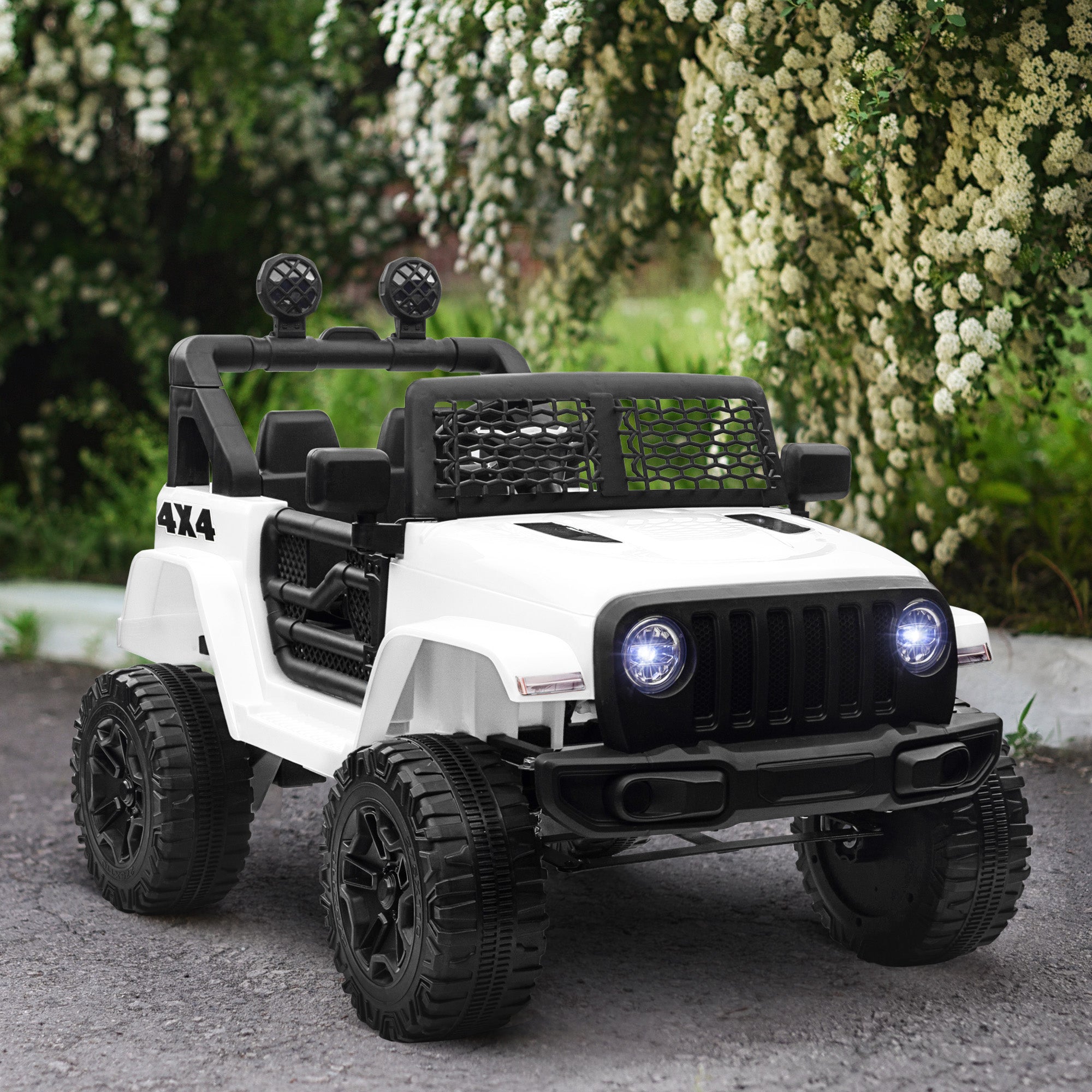 Kids Electric Car for +3 Years All-Terrain Buggy 12V Battery with 2 Motors Remote Control 2.4G Headlights Horn Adjustable Speed Load 30 kg 100x65x72 cm White