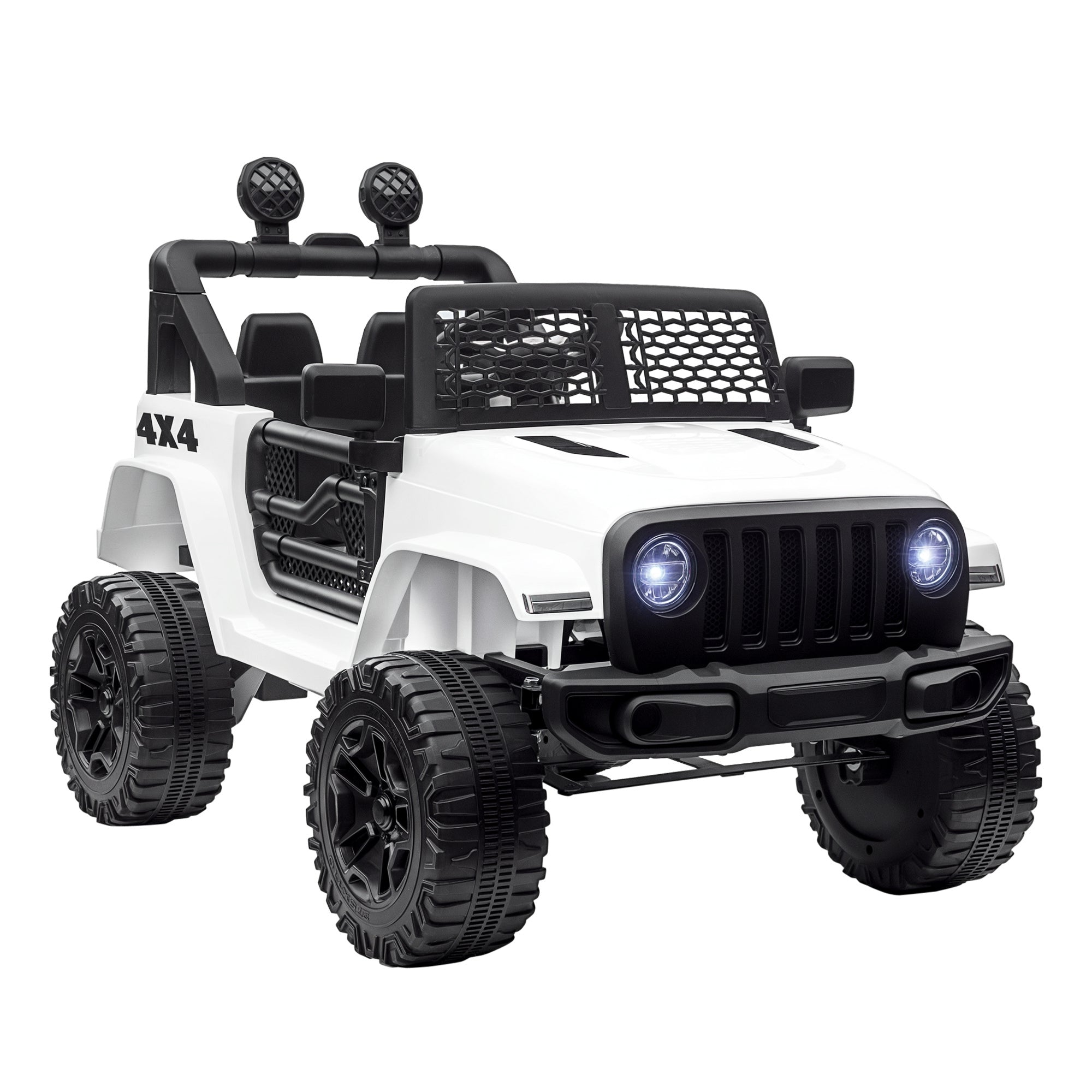 Kids Electric Car for +3 Years All-Terrain Buggy 12V Battery with 2 Motors Remote Control 2.4G Headlights Horn Adjustable Speed Load 30 kg 100x65x72 cm White