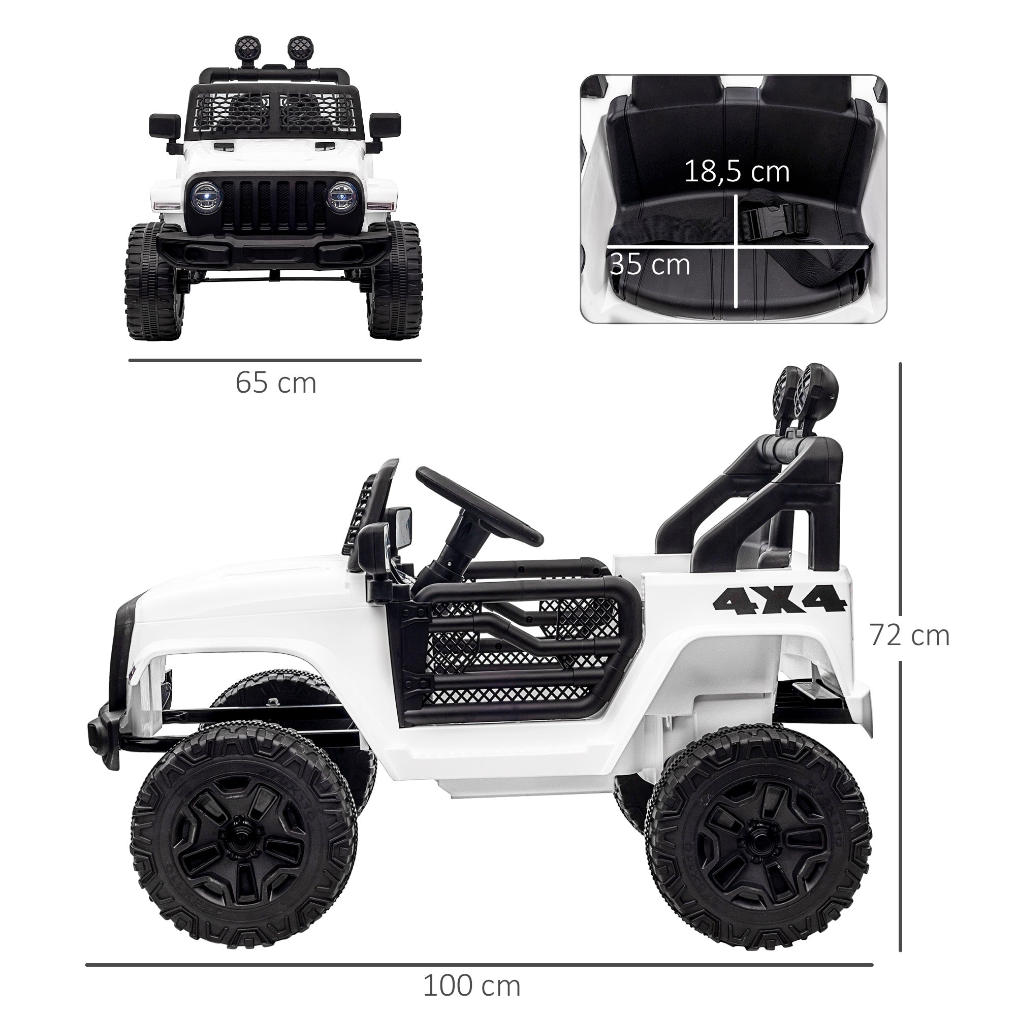 Kids Electric Car for +3 Years All-Terrain Buggy 12V Battery with 2 Motors Remote Control 2.4G Headlights Horn Adjustable Speed Load 30 kg 100x65x72 cm White
