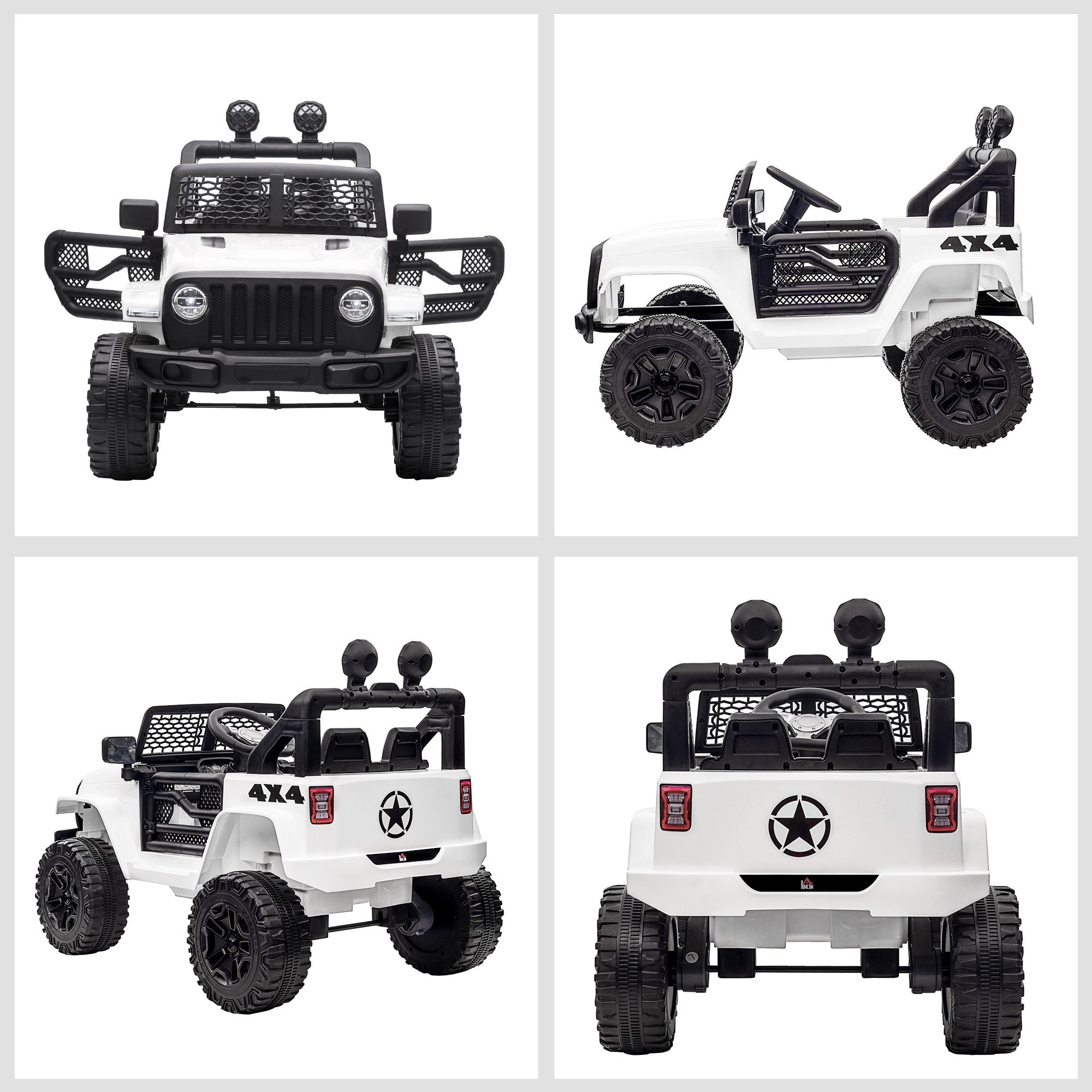 Kids Electric Car for +3 Years All-Terrain Buggy 12V Battery with 2 Motors Remote Control 2.4G Headlights Horn Adjustable Speed Load 30 kg 100x65x72 cm White