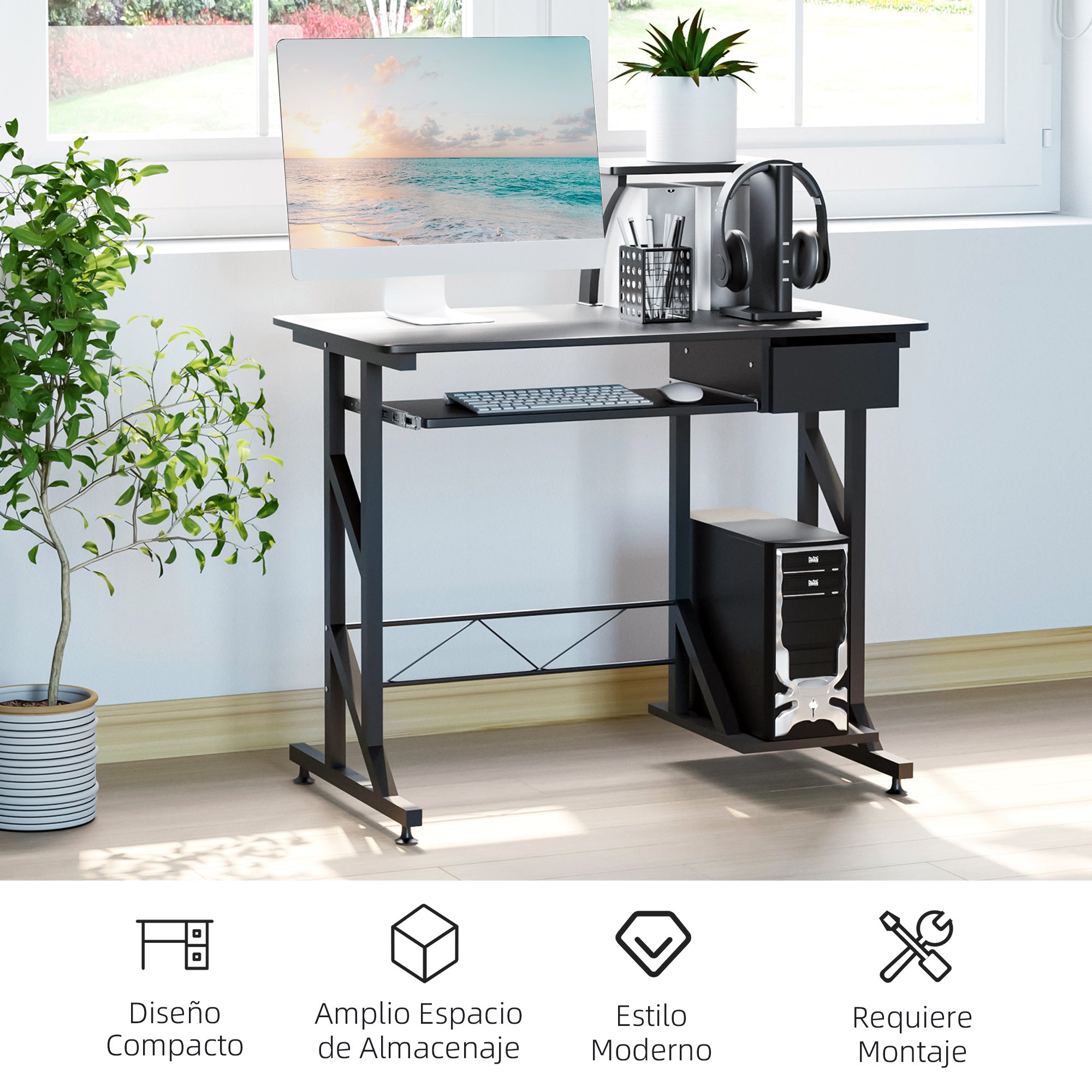 Computer Desk Study Table with Keyboard Tray and Drawer Home Office Workstation 90x50x100 cm Black