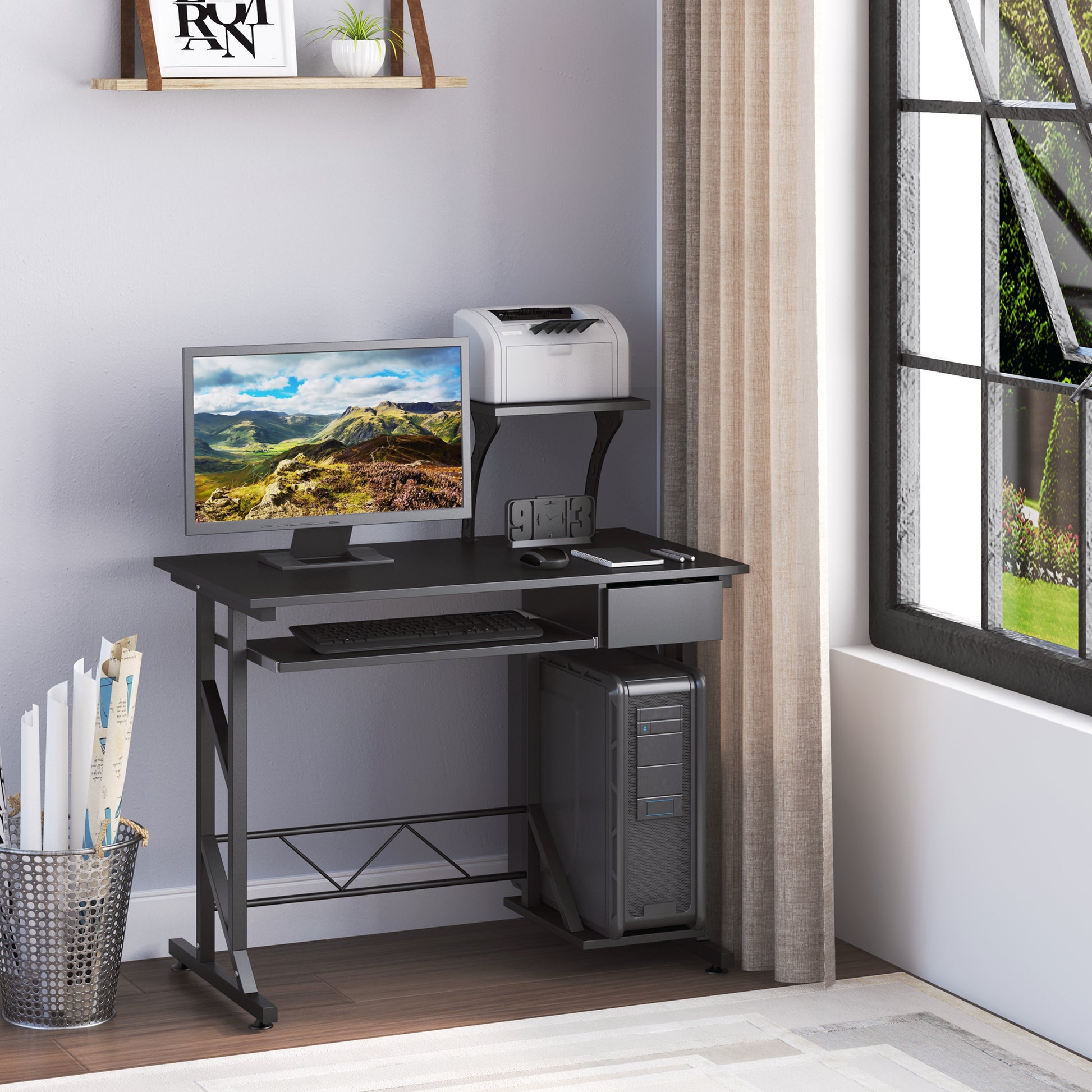 Computer Desk Study Table with Keyboard Tray and Drawer Home Office Workstation 90x50x100 cm Black