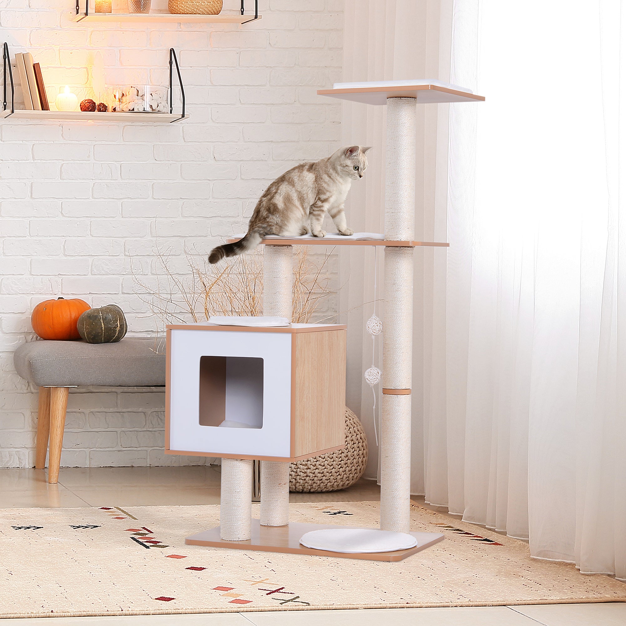 Wooden Cat Scratching Tree 71.5x49.5x120 cm Cat Tower with Cave Platforms Sisal Scratching Posts Soft Plush Cushions and Hanging Balls Natural