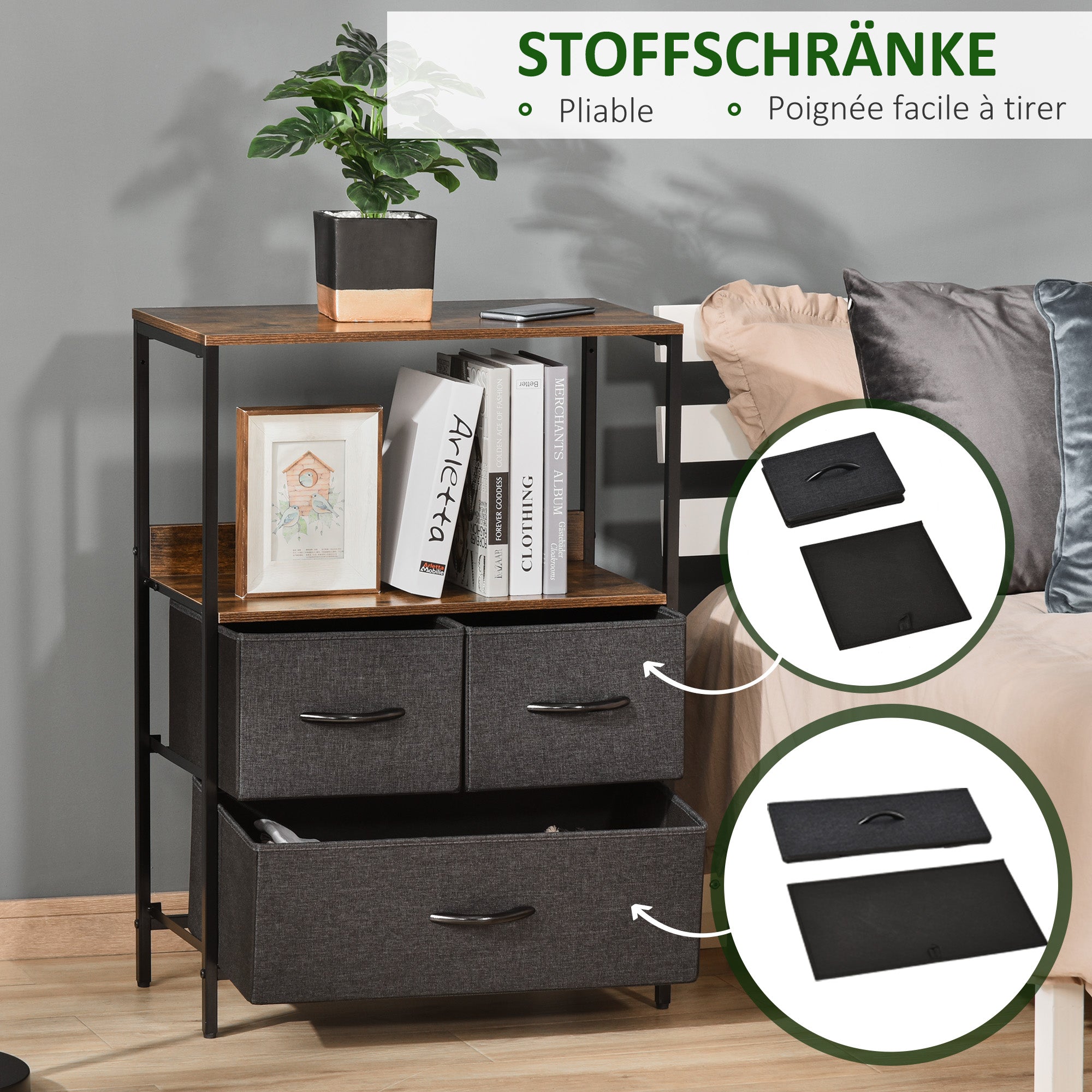 Drawer Chest with 3 Fabric Drawers Storage Cabinet Dresser with Shelf Handles, Modern Design Storage Chest Drawer Cabinet for Bedroom, Living Room Black