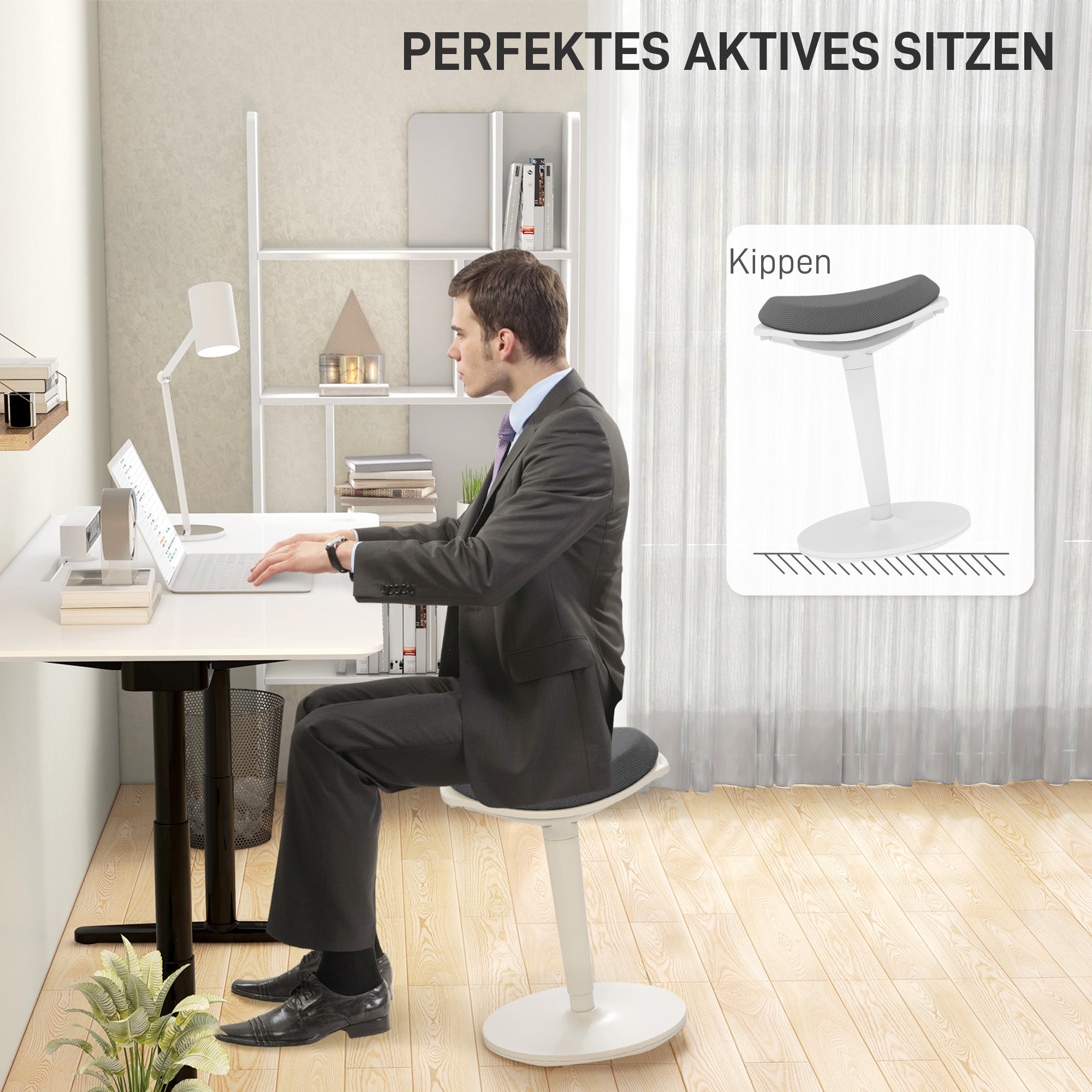 Sitting Stool, Ergonomic Office Stool, 56.5-71.5 cm Adjustable Height Work Stool, Swivel Chair for Office, Study Room, Mesh, Gray