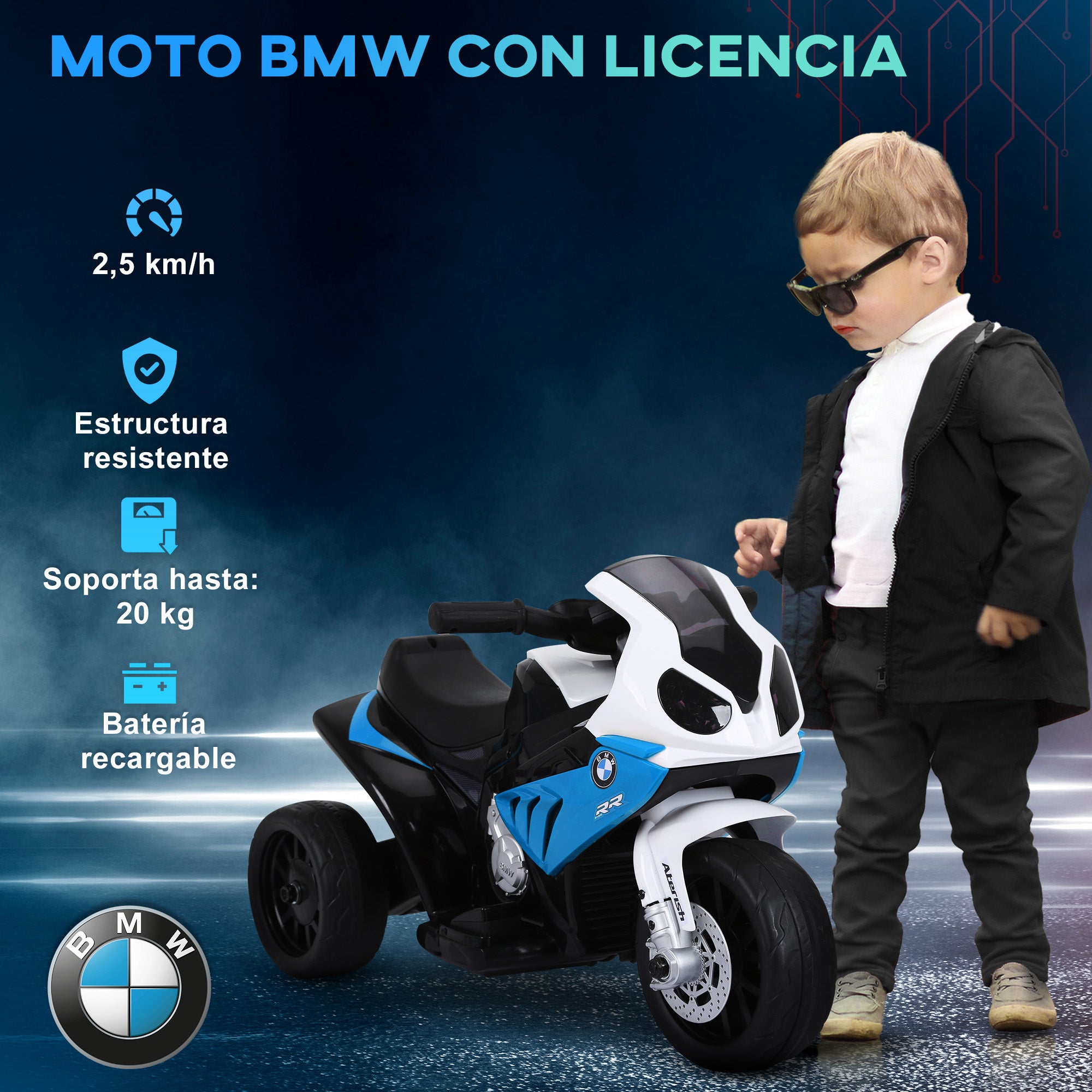 Electric Motorcycle for Kids 18-36 Months with BMW S1000RR Licensed Battery-Powered Motorcycle 6V Kids' Motorbike with Music Load 20 kg Blue