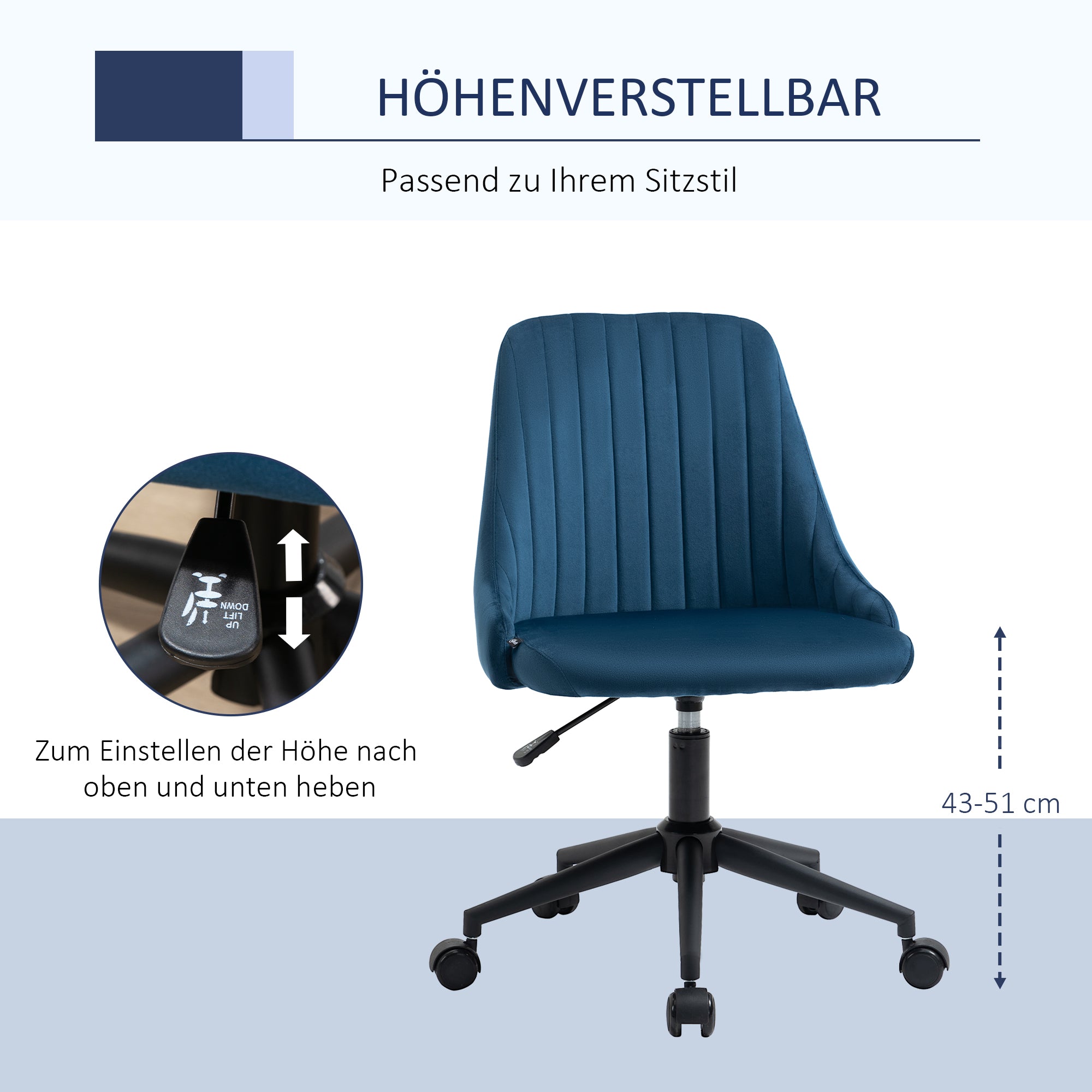 Office Chair Swivel Desk Chair Ergonomic Line Design Adjustable Height 360° Rotatable Foam Velvet Polyester Blue 50 x 58 x 77-87 cm