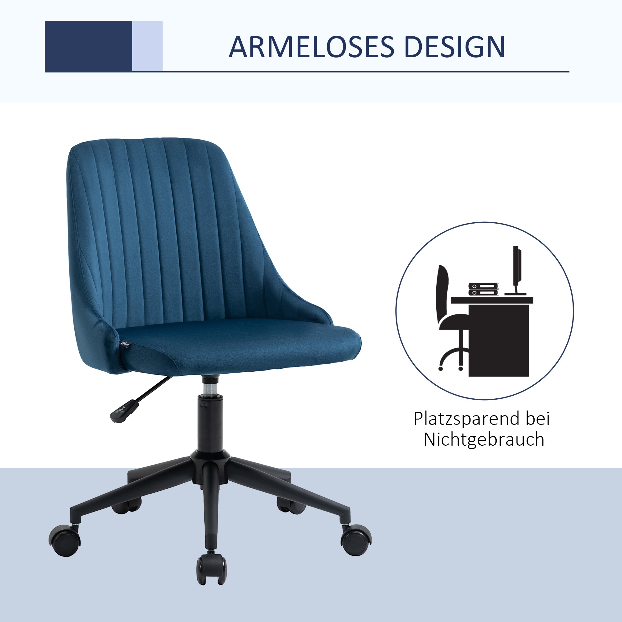Office Chair Swivel Desk Chair Ergonomic Line Design Adjustable Height 360° Rotatable Foam Velvet Polyester Blue 50 x 58 x 77-87 cm