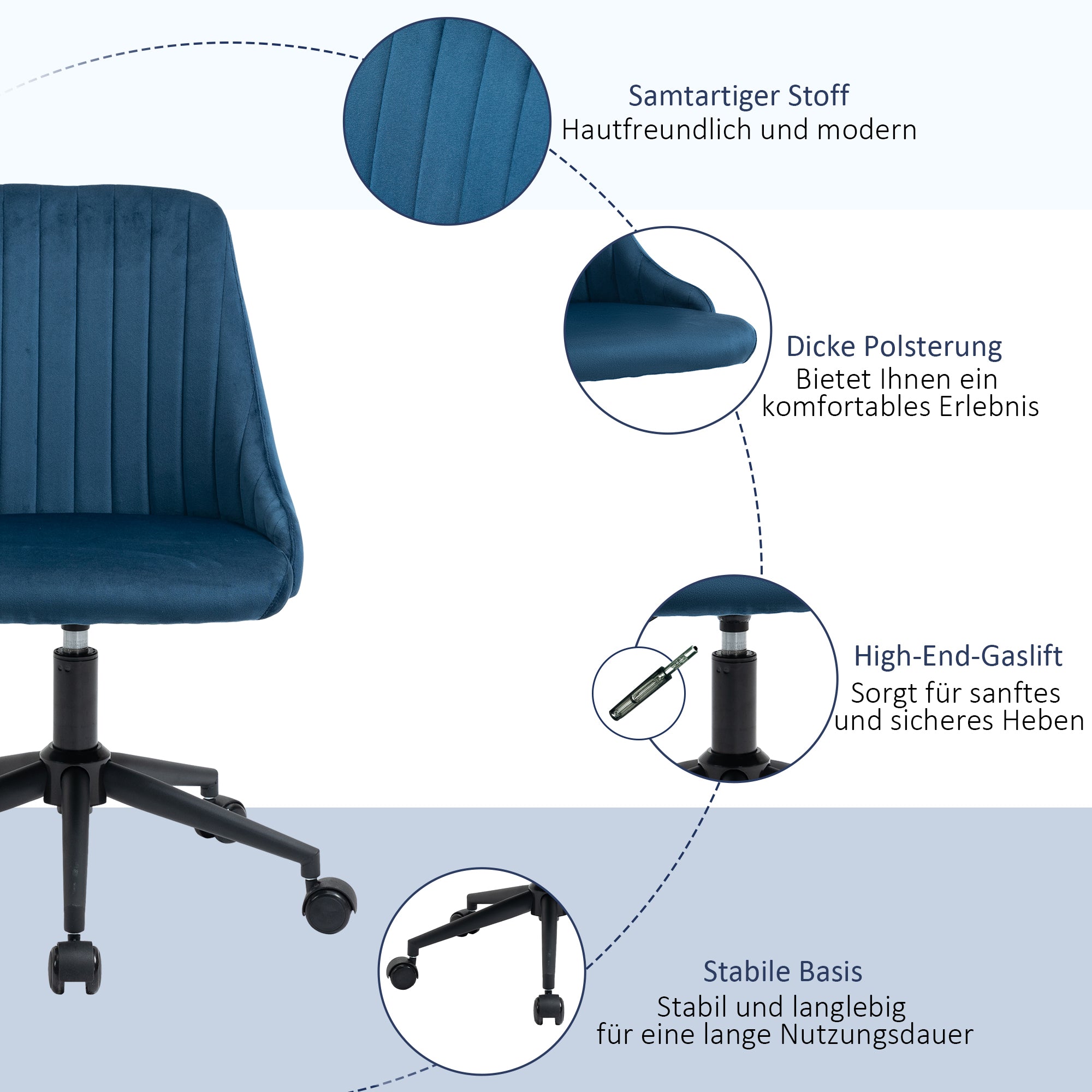 Office Chair Swivel Desk Chair Ergonomic Line Design Adjustable Height 360° Rotatable Foam Velvet Polyester Blue 50 x 58 x 77-87 cm