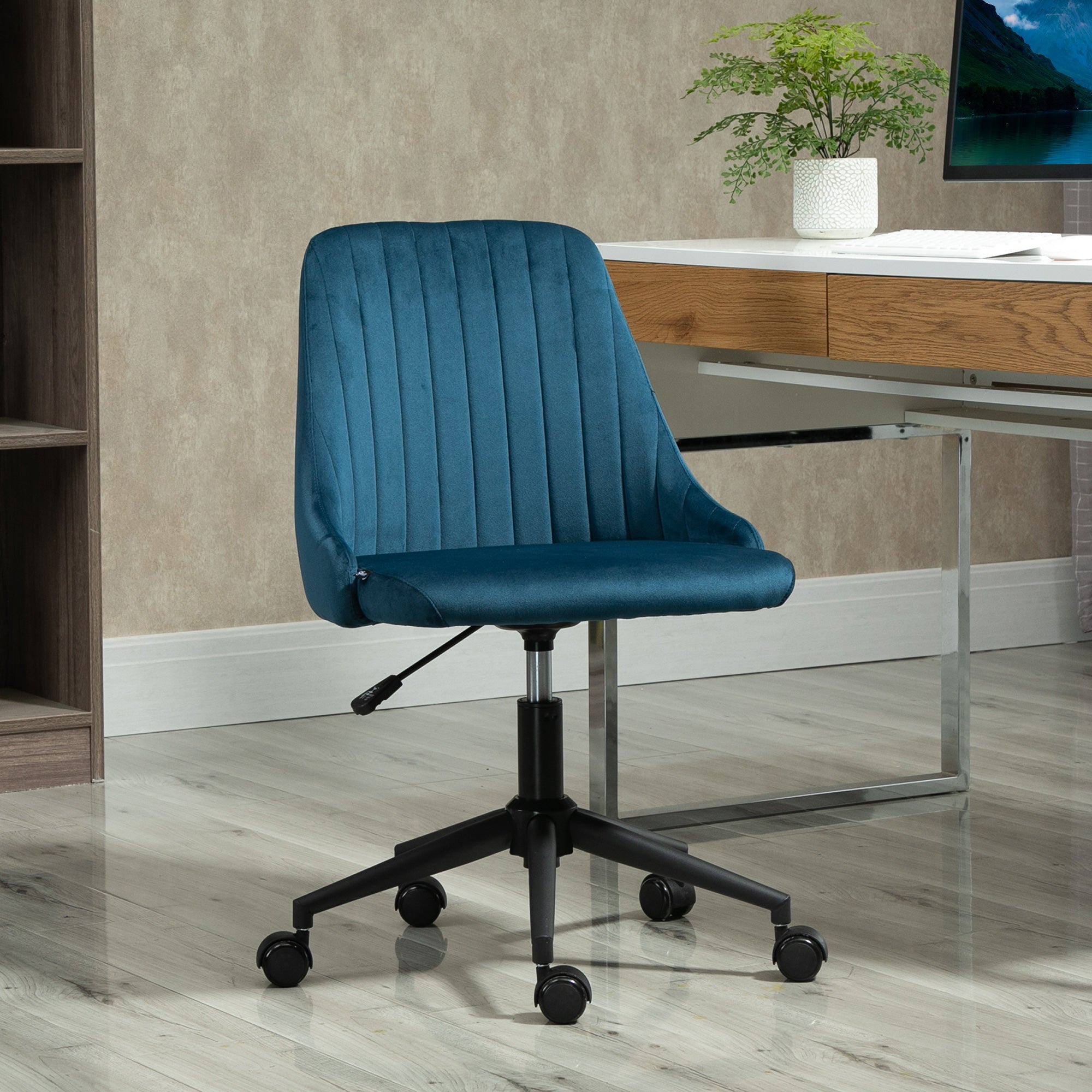 Office Chair Swivel Desk Chair Ergonomic Line Design Adjustable Height 360° Rotatable Foam Velvet Polyester Blue 50 x 58 x 77-87 cm