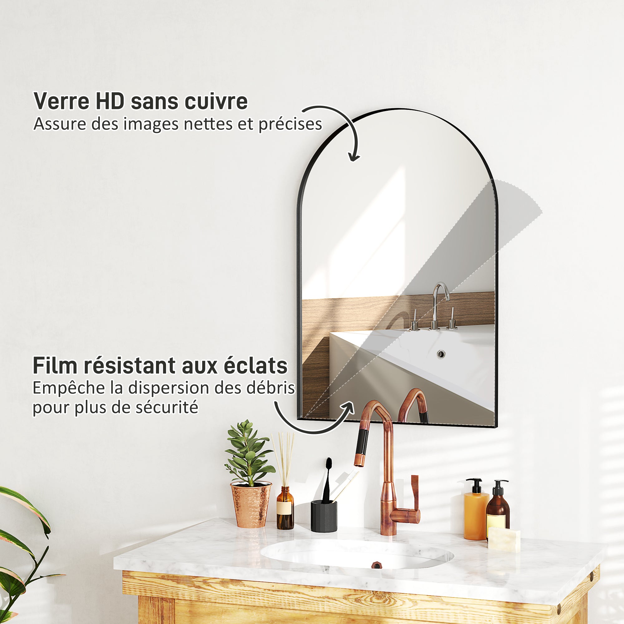 Arched Wall Mirror, Bathroom Mirror, 60 x 90 cm, high definition, with aluminum alloy frame, for bedroom, living room, entryway, black