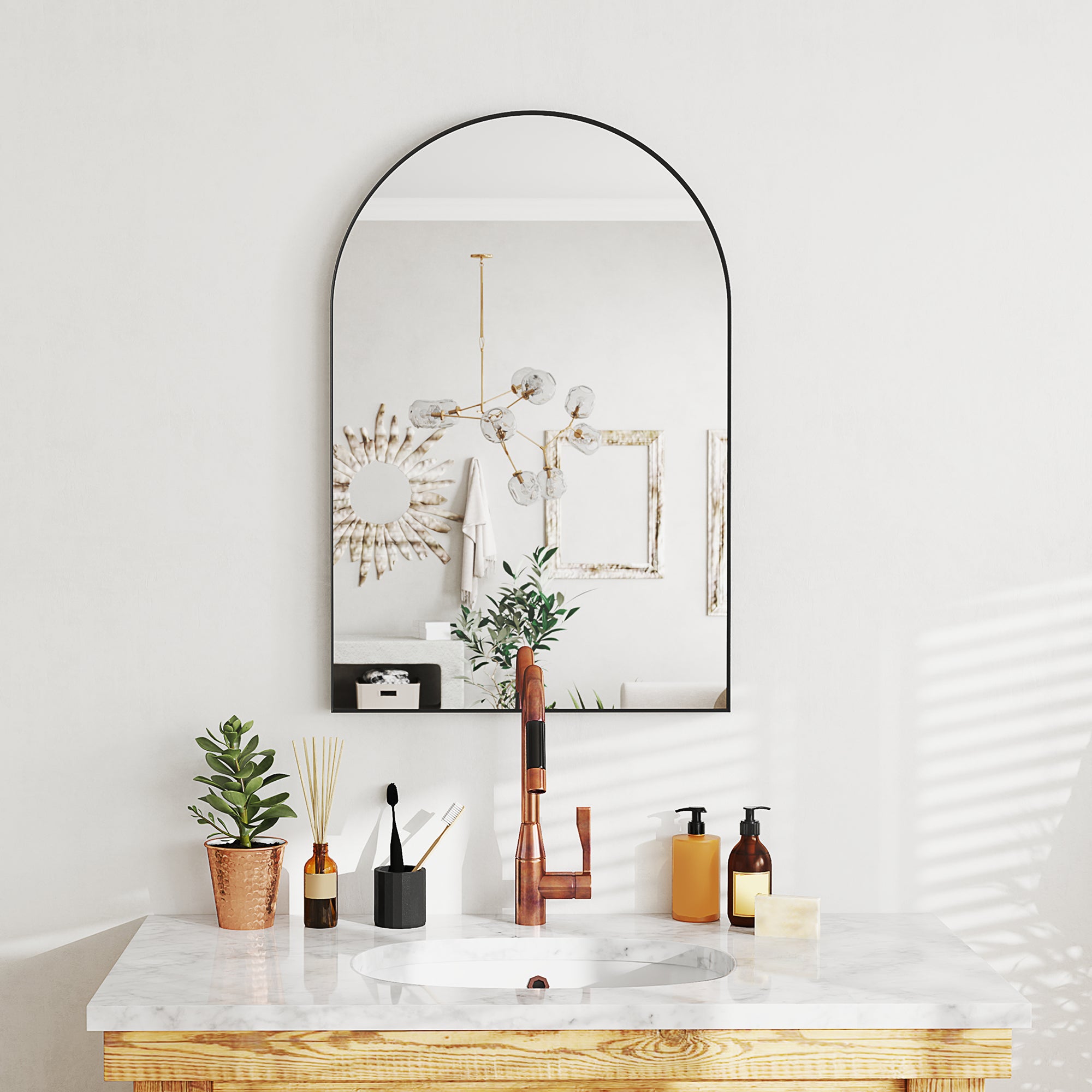 Arched Wall Mirror, Bathroom Mirror, 60 x 90 cm, high definition, with aluminum alloy frame, for bedroom, living room, entryway, black