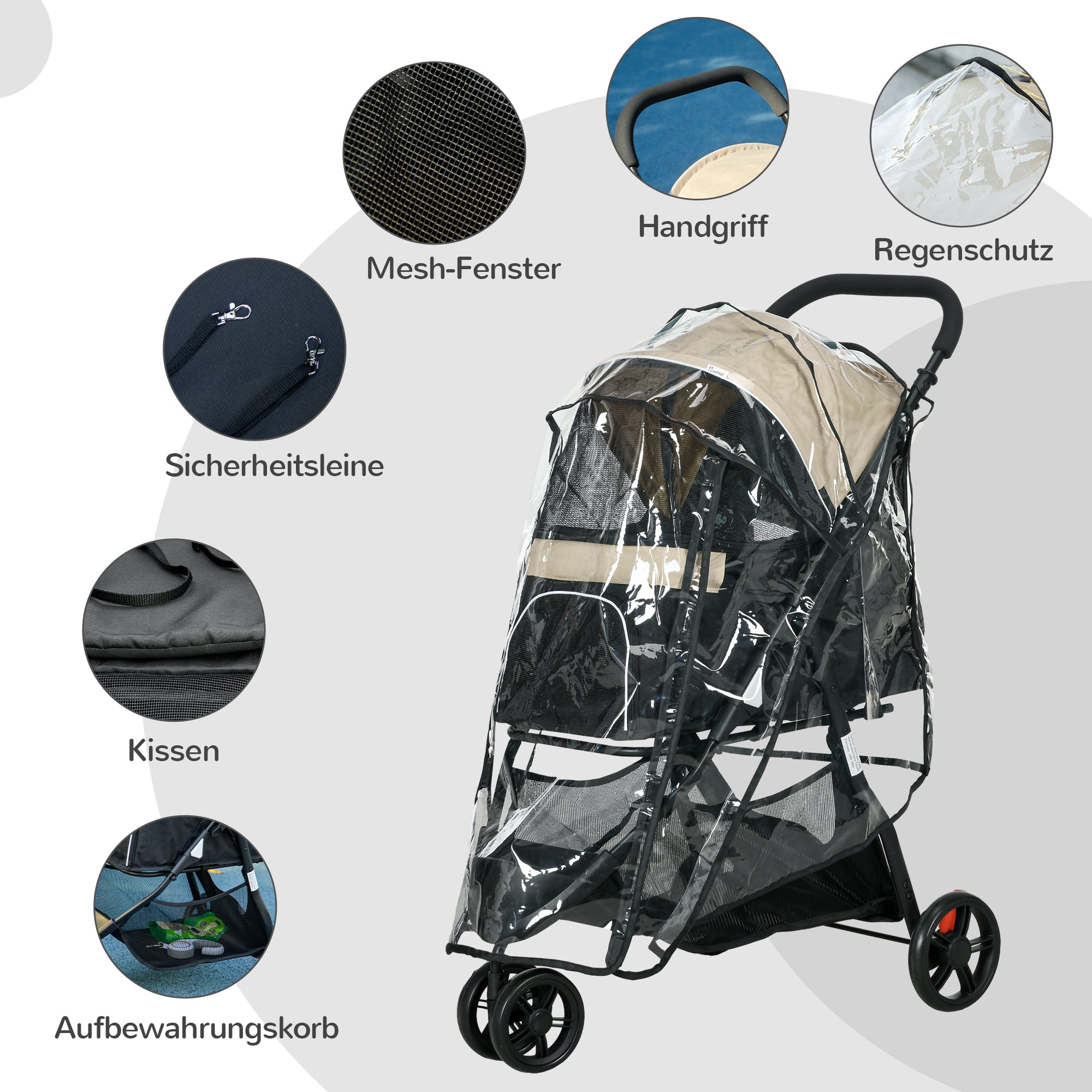 2-in-1 Dog Stroller Dog Buggy with Rain Cover Foldable for Dogs & Cats up to 10 kg Cat Stroller with Cushion Mesh Windows Doors Storage Basket Cat Wagon Buggy Khaki