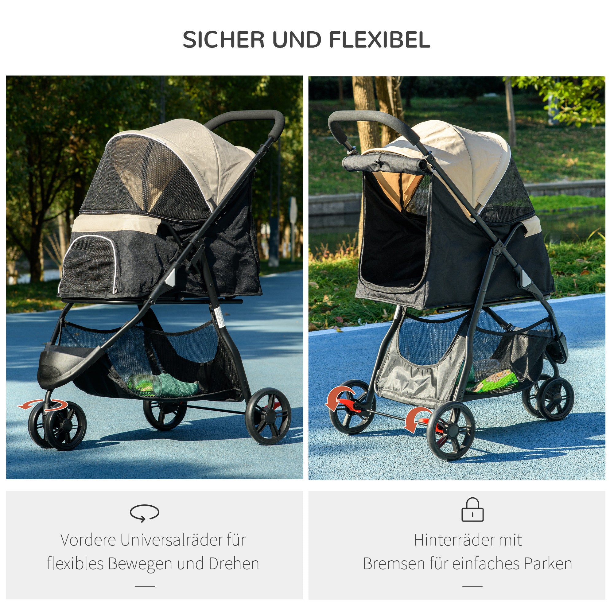 2-in-1 Dog Stroller Dog Buggy with Rain Cover Foldable for Dogs & Cats up to 10 kg Cat Stroller with Cushion Mesh Windows Doors Storage Basket Cat Wagon Buggy Khaki