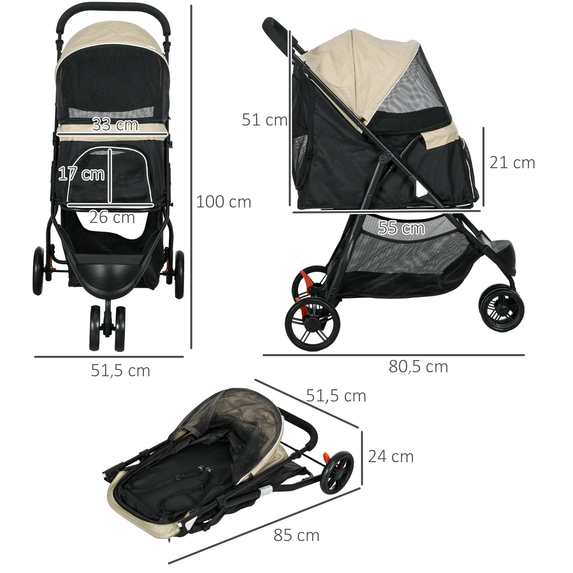 2-in-1 Dog Stroller Dog Buggy with Rain Cover Foldable for Dogs & Cats up to 10 kg Cat Stroller with Cushion Mesh Windows Doors Storage Basket Cat Wagon Buggy Khaki