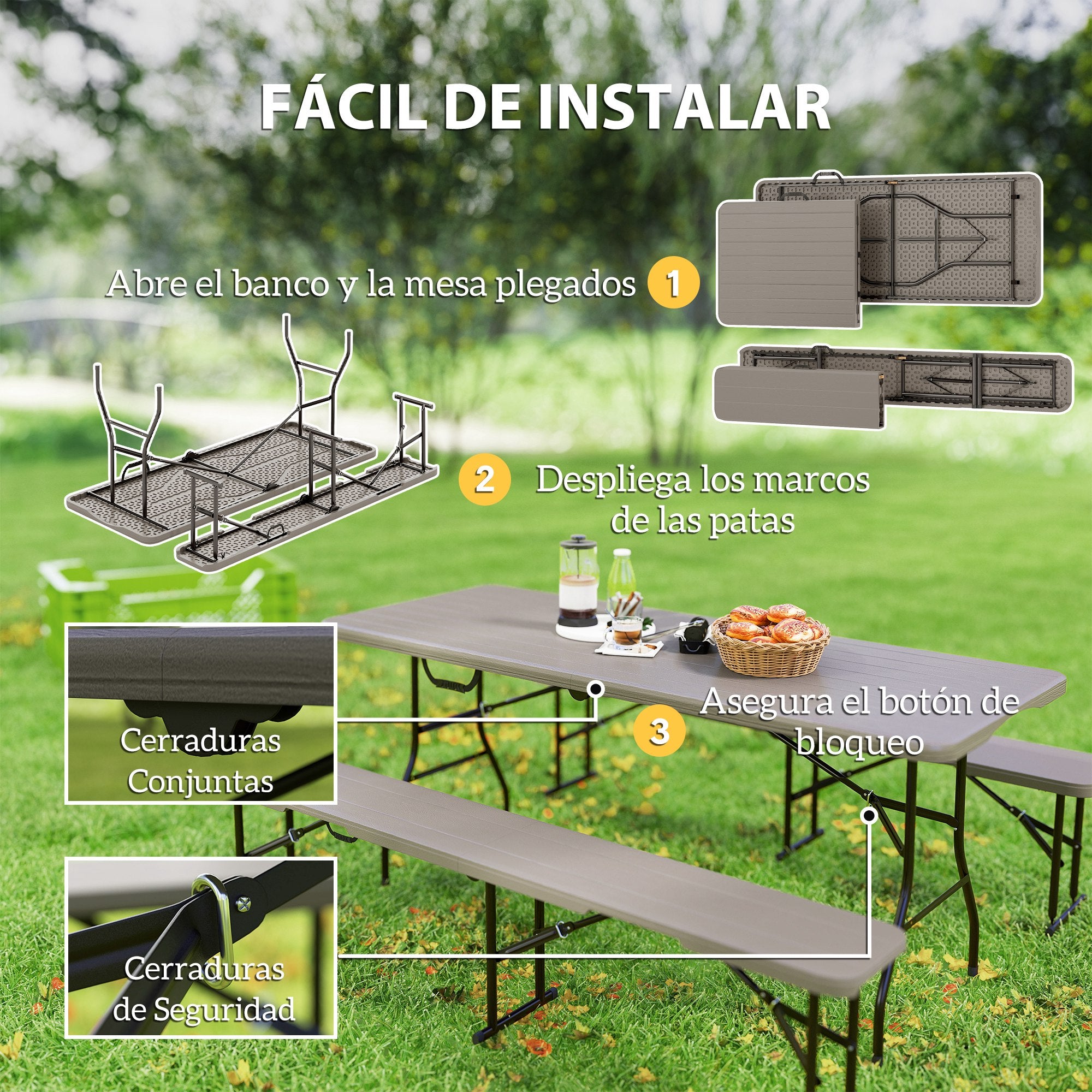 3-Piece Folding Camping Set Folding Camping Table with Benches Includes 1 Table 180x74x74 cm and 2 Waterproof Wood Effect Benches for Camping Garden Picnic Brown