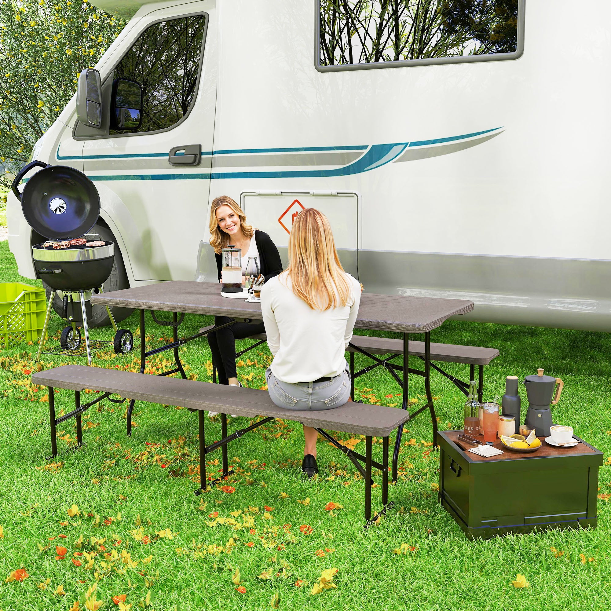 3-Piece Folding Camping Set Folding Camping Table with Benches Includes 1 Table 180x74x74 cm and 2 Waterproof Wood Effect Benches for Camping Garden Picnic Brown