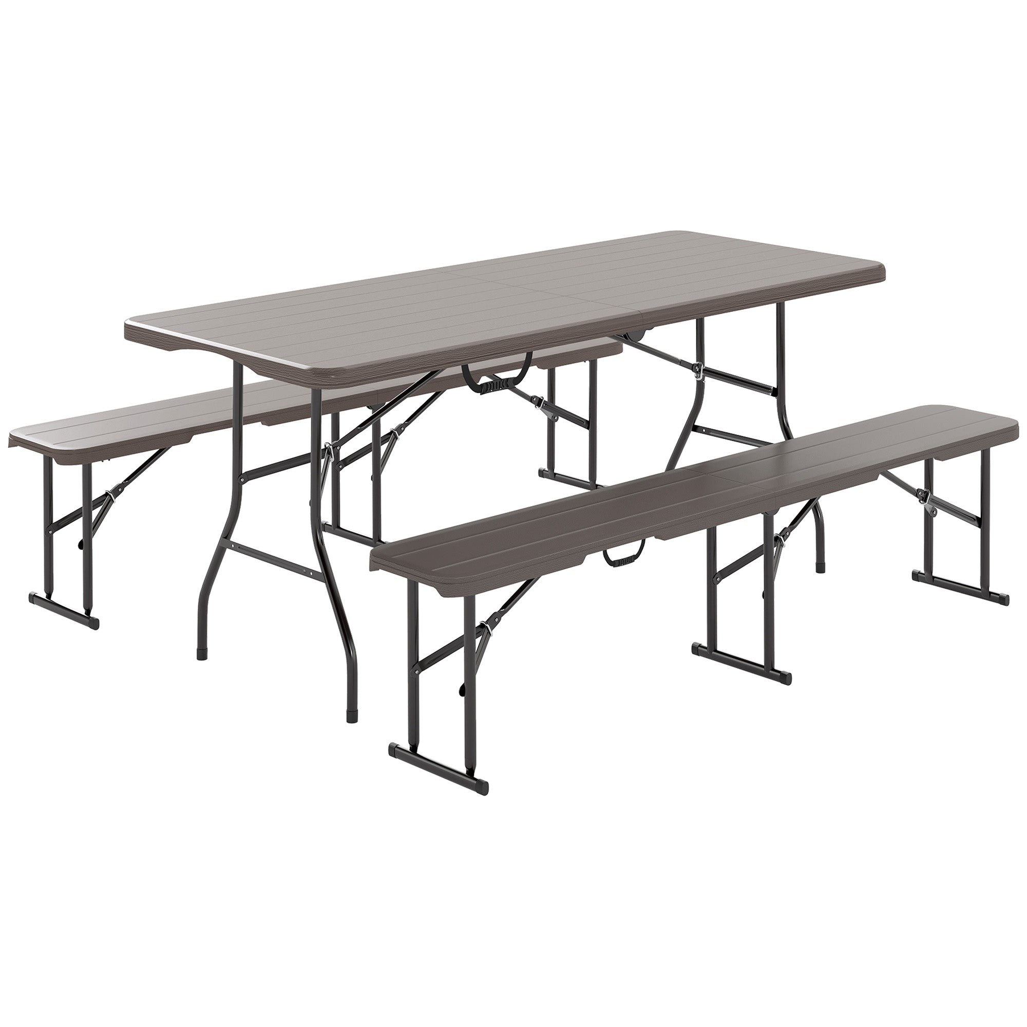 3-Piece Folding Camping Set Folding Camping Table with Benches Includes 1 Table 180x74x74 cm and 2 Waterproof Wood Effect Benches for Camping Garden Picnic Brown