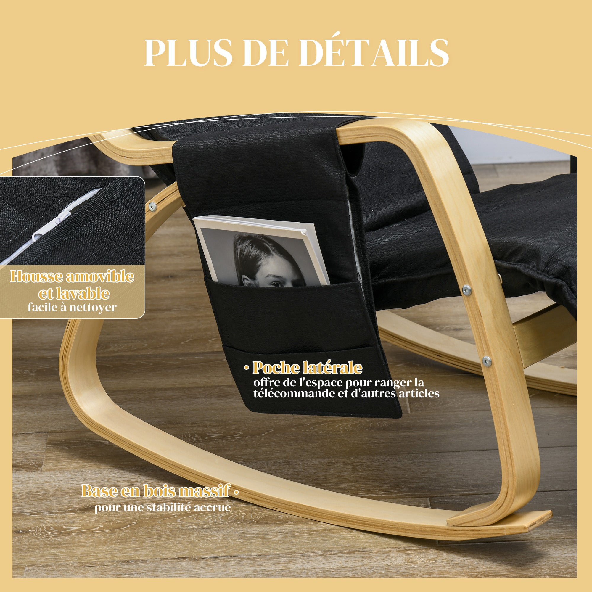 Rocking Chair Nursing Relax Lounge Chair with Adjustable Footrest, Side Pocket, and Headrest, Rocking Chair for Bedroom, 67 x 110 x 91 cm Black