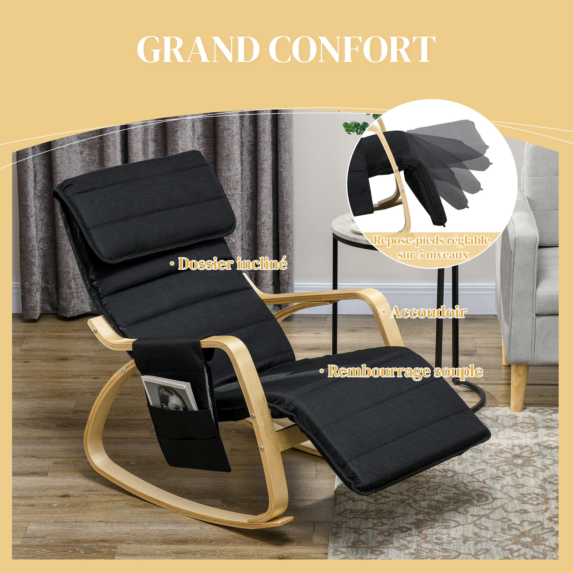 Rocking Chair Nursing Relax Lounge Chair with Adjustable Footrest, Side Pocket, and Headrest, Rocking Chair for Bedroom, 67 x 110 x 91 cm Black