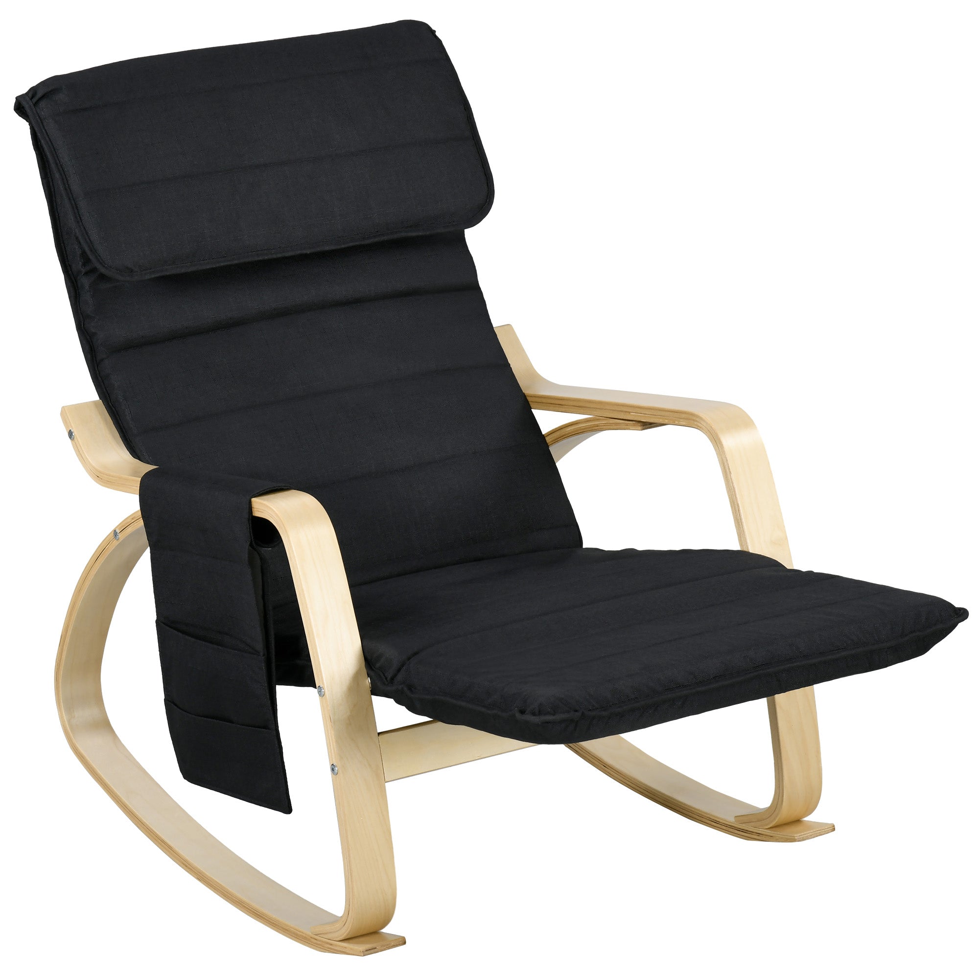 Rocking Chair Nursing Relax Lounge Chair with Adjustable Footrest, Side Pocket, and Headrest, Rocking Chair for Bedroom, 67 x 110 x 91 cm Black