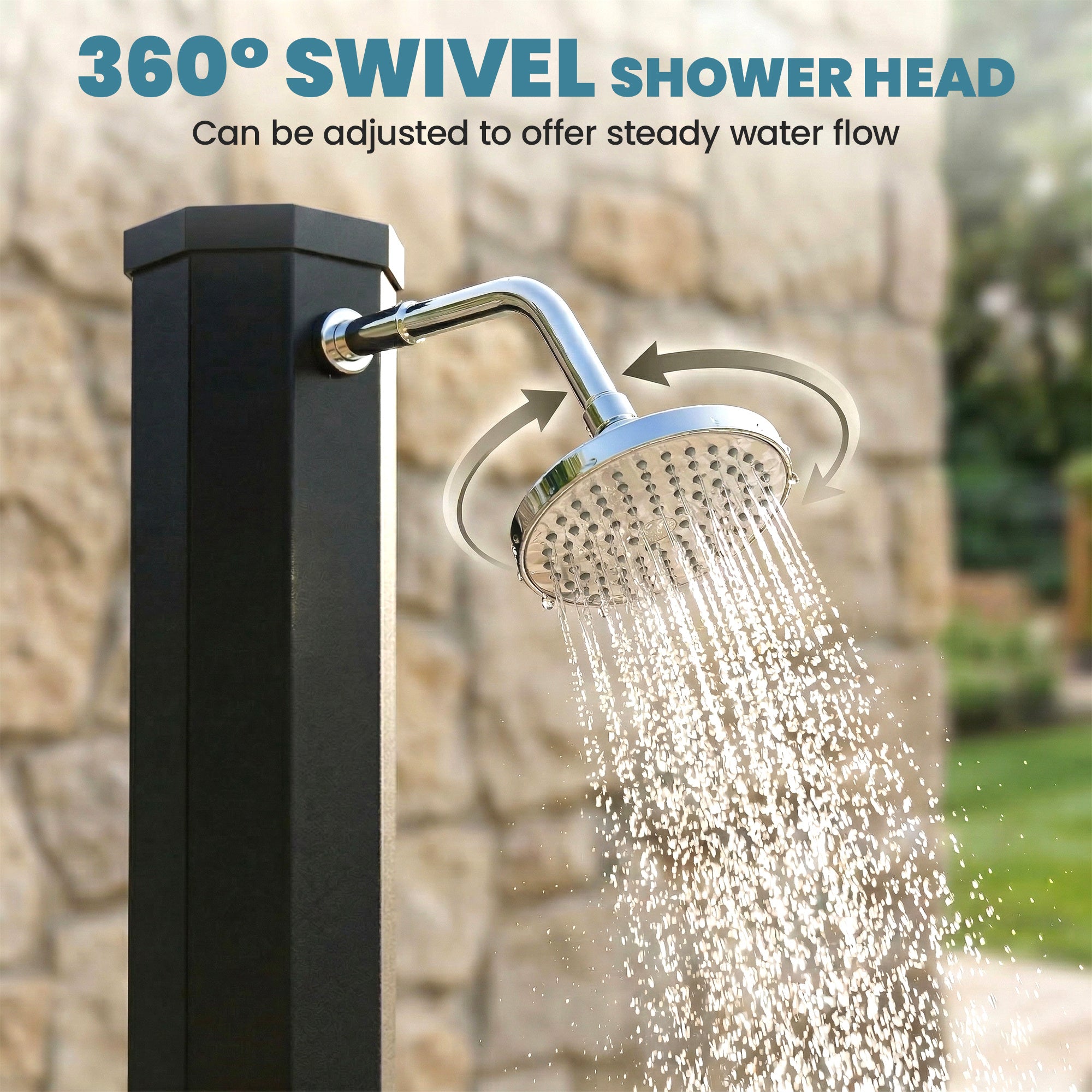 60L Solar Garden Shower with Swivel Rain Head, Adjustable Temperature (Up to 60°C / 140°F), No Power Required