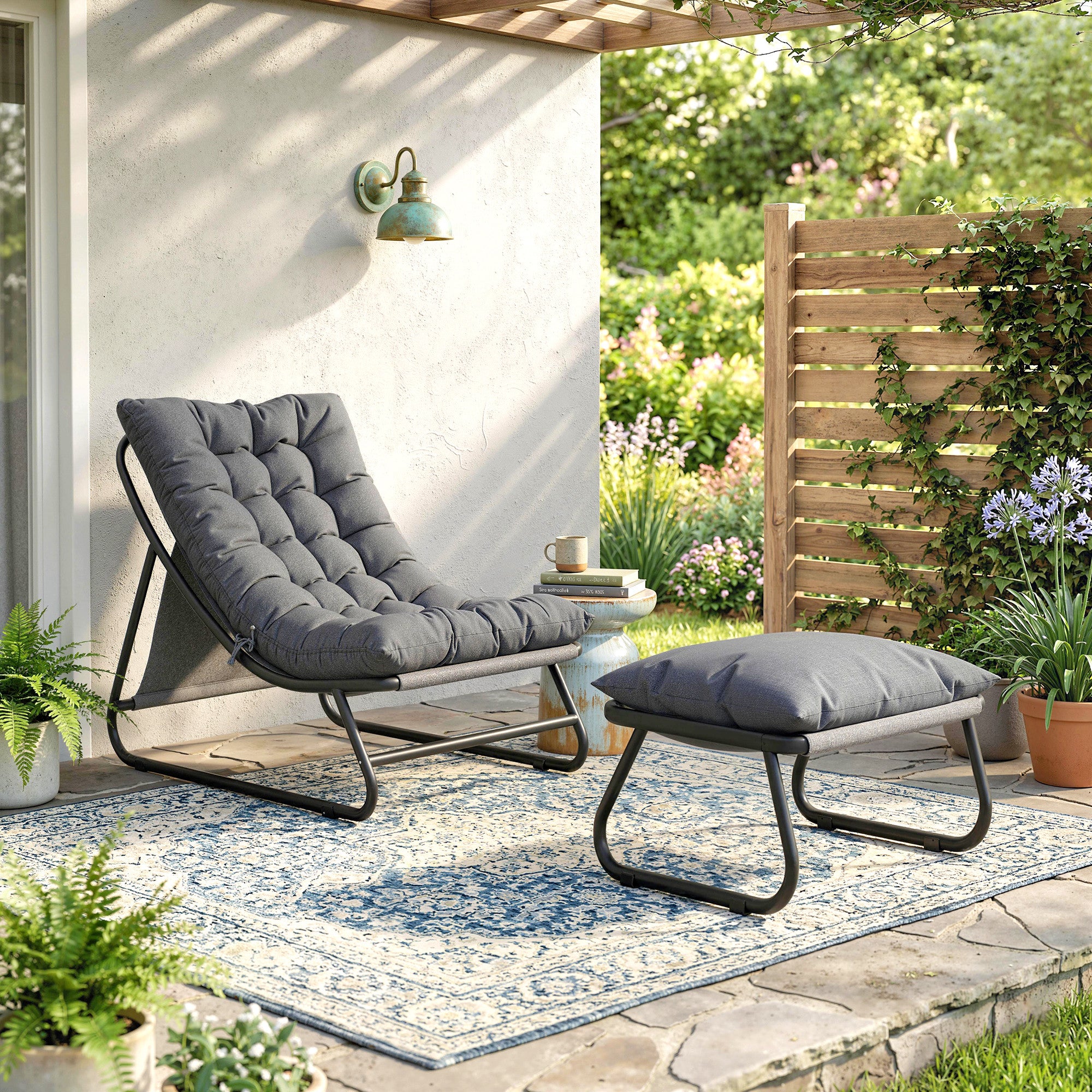 Outdoor Lounge Chair with Ottoman — 13 cm (5.1 in) Thick Cushion, Non-Slip Feet, Up to 120 kg (265 lb), Dark Gray