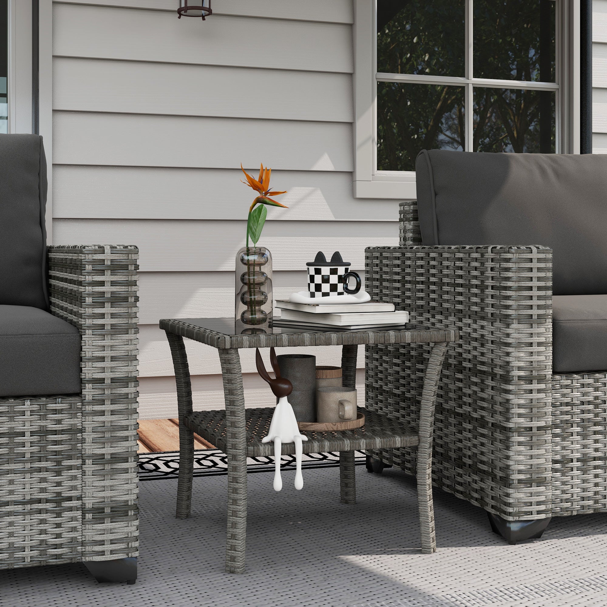 Square Synthetic Rattan Garden Table 50x50x45 cm Side Table with Glass Top and Galvanized Steel Frame Load 30 kg for Terrace Patio Gray Gradient