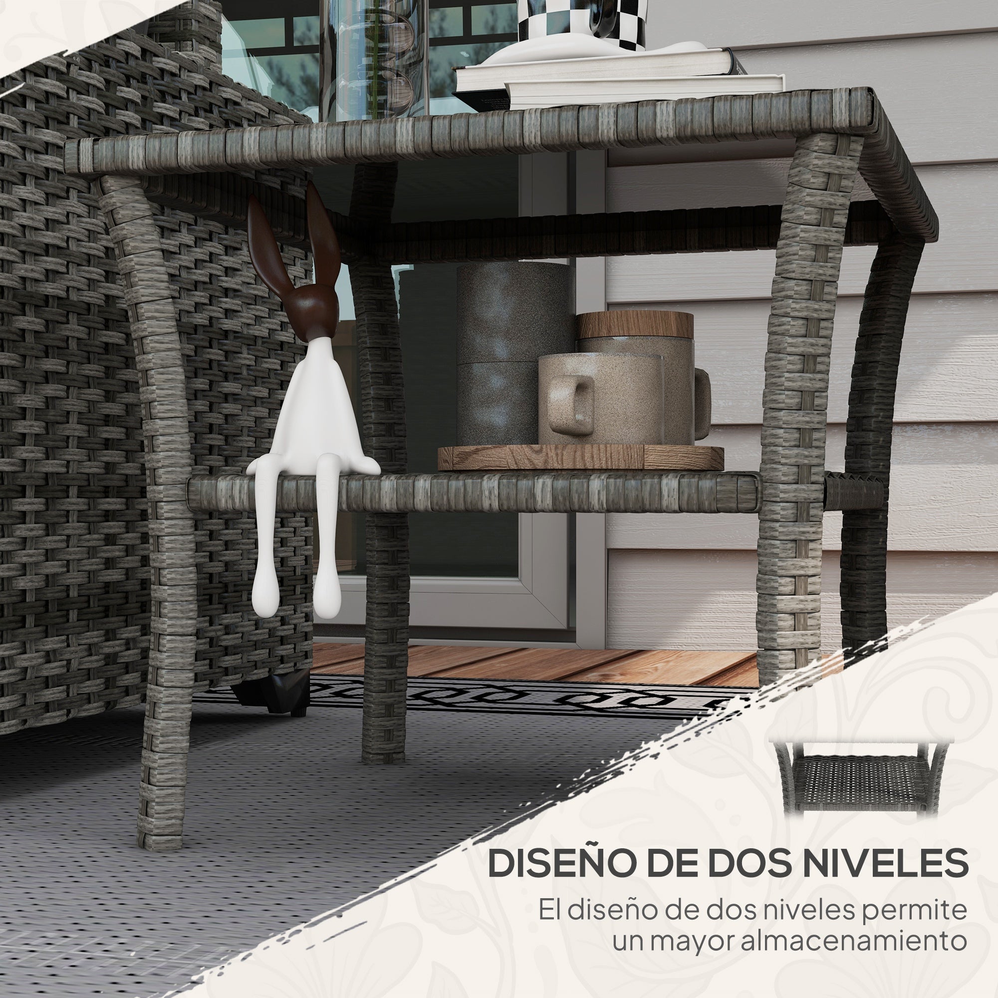 Square Synthetic Rattan Garden Table 50x50x45 cm Side Table with Glass Top and Galvanized Steel Frame Load 30 kg for Terrace Patio Gray Gradient