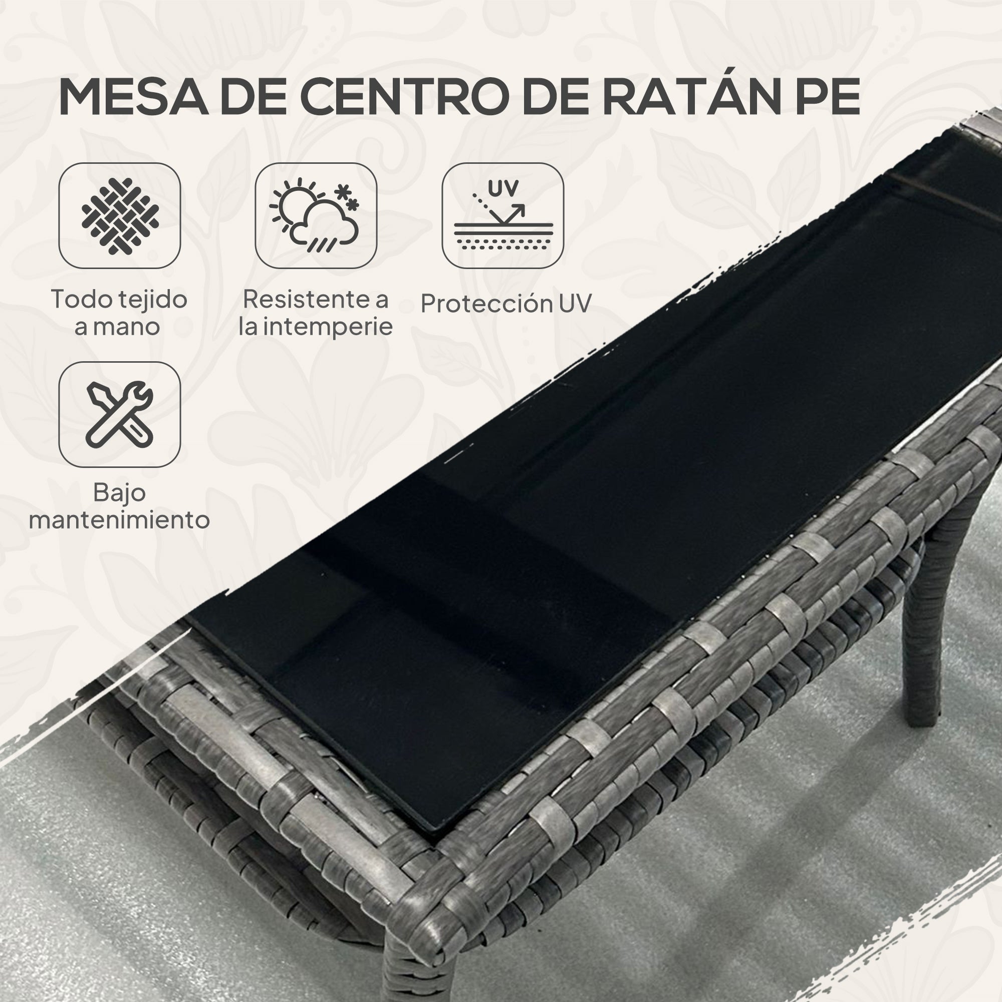 Square Synthetic Rattan Garden Table 50x50x45 cm Side Table with Glass Top and Galvanized Steel Frame Load 30 kg for Terrace Patio Gray Gradient