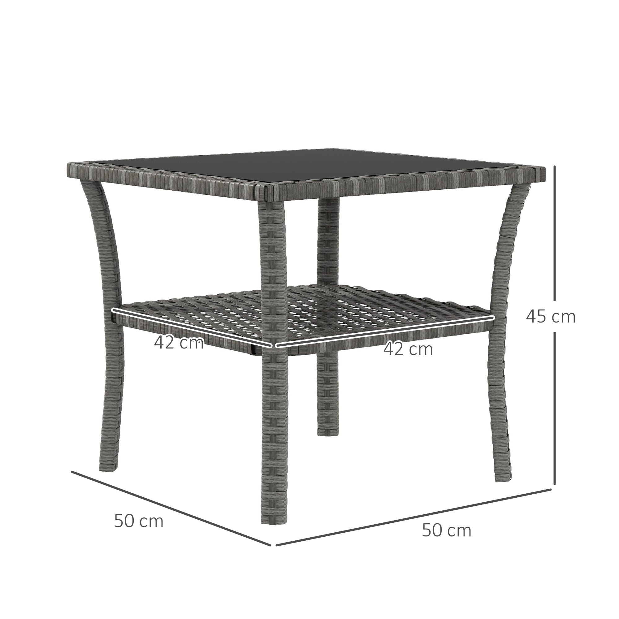 Square Synthetic Rattan Garden Table 50x50x45 cm Side Table with Glass Top and Galvanized Steel Frame Load 30 kg for Terrace Patio Gray Gradient