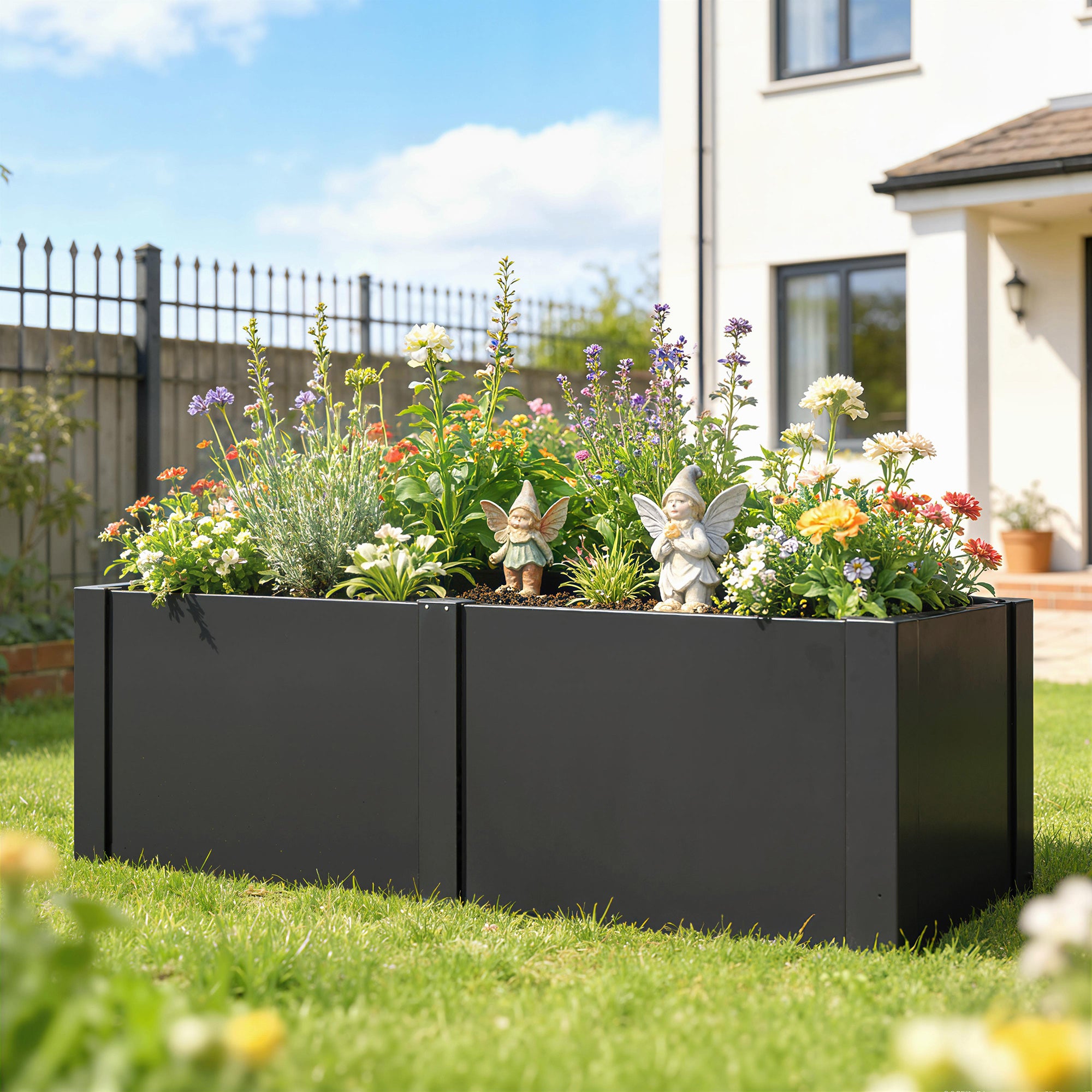 Metal Raised Garden Bed 59 x 21 x 22 in — Galvanized, UV-Protected, Open-Bottom Planter with Divider, Black